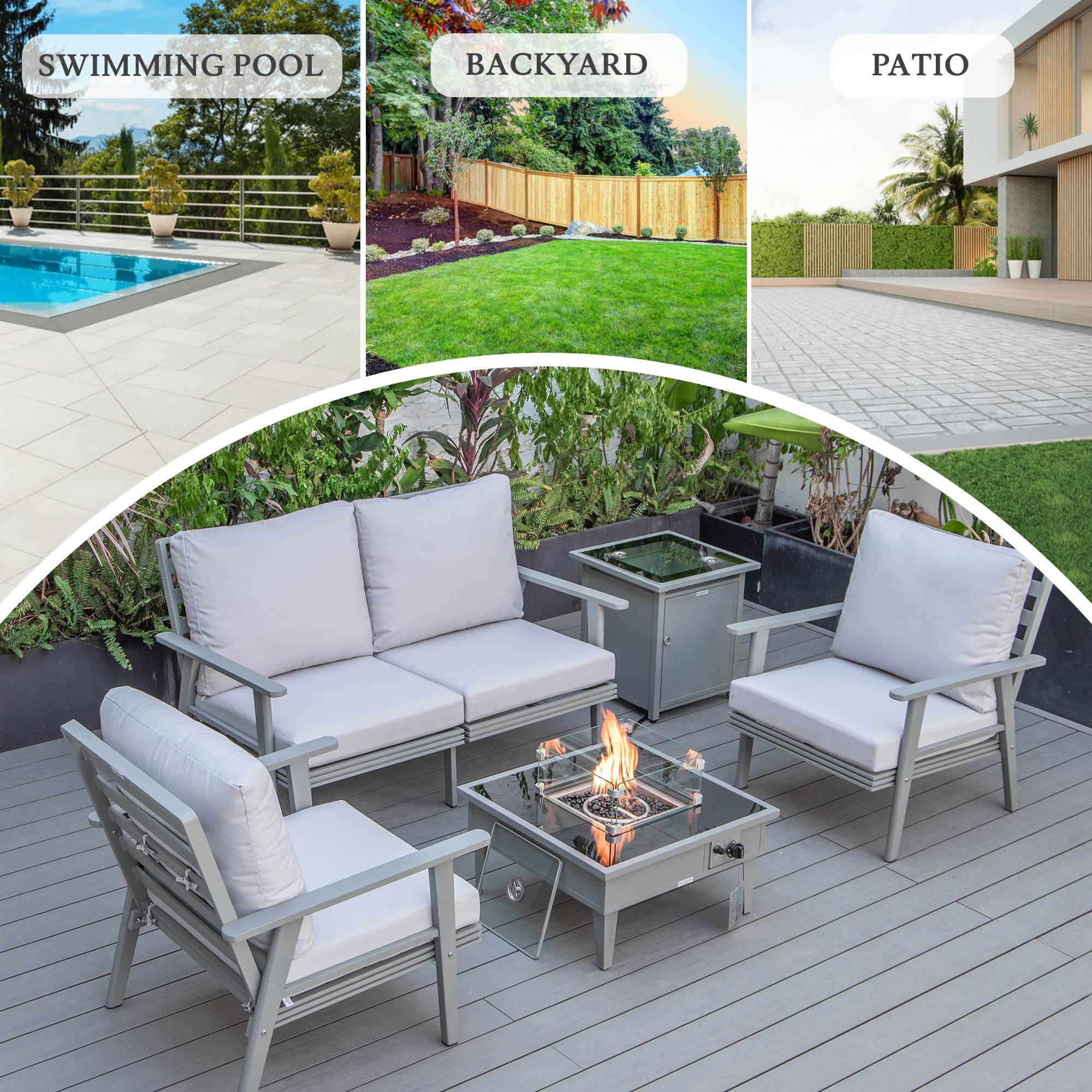 LeisureMod Walbrooke Modern Gray Patio Conversation With Square Fire Pit & Tank Holder - Light Gray