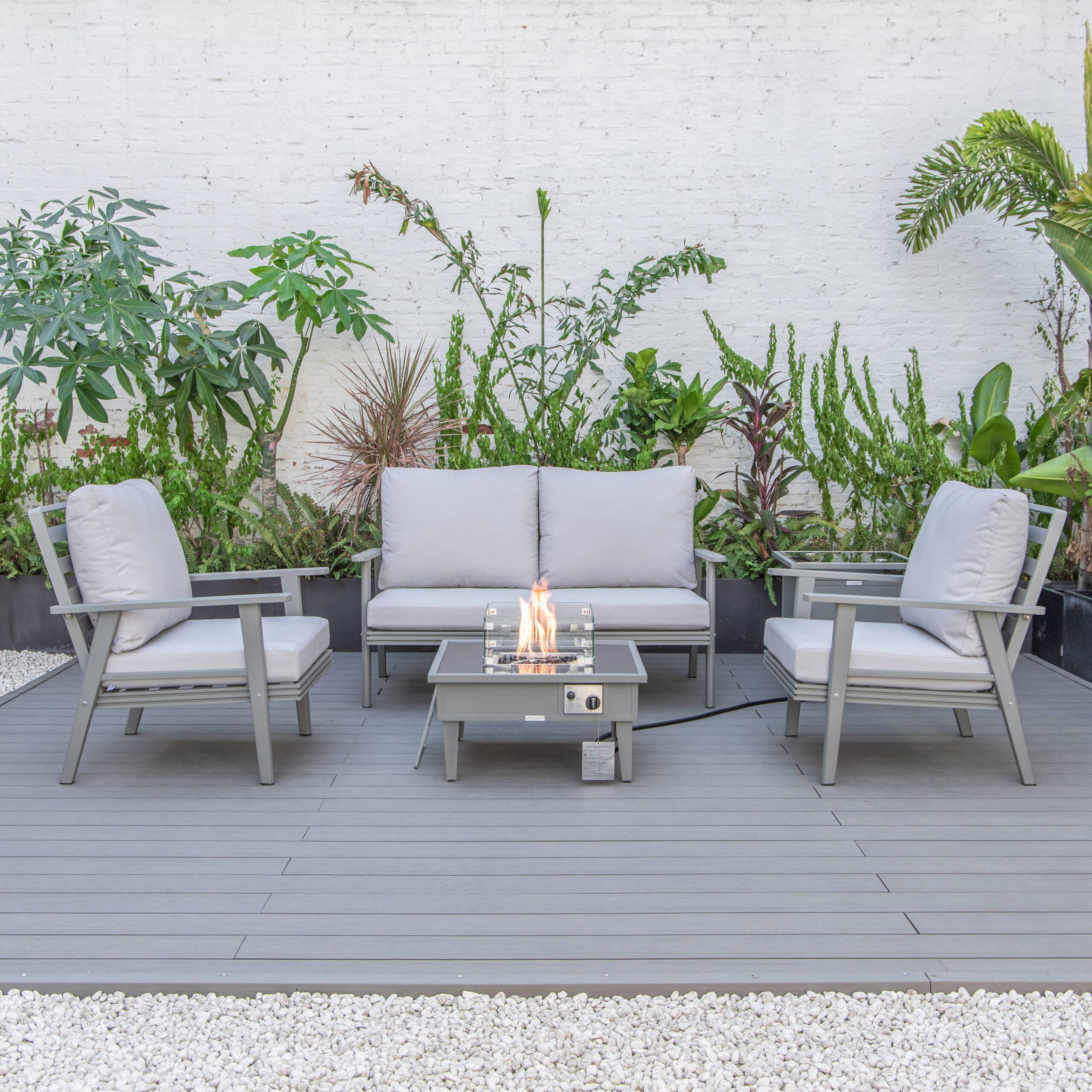 LeisureMod Walbrooke Modern Gray Patio Conversation With Square Fire Pit & Tank Holder - Light Gray