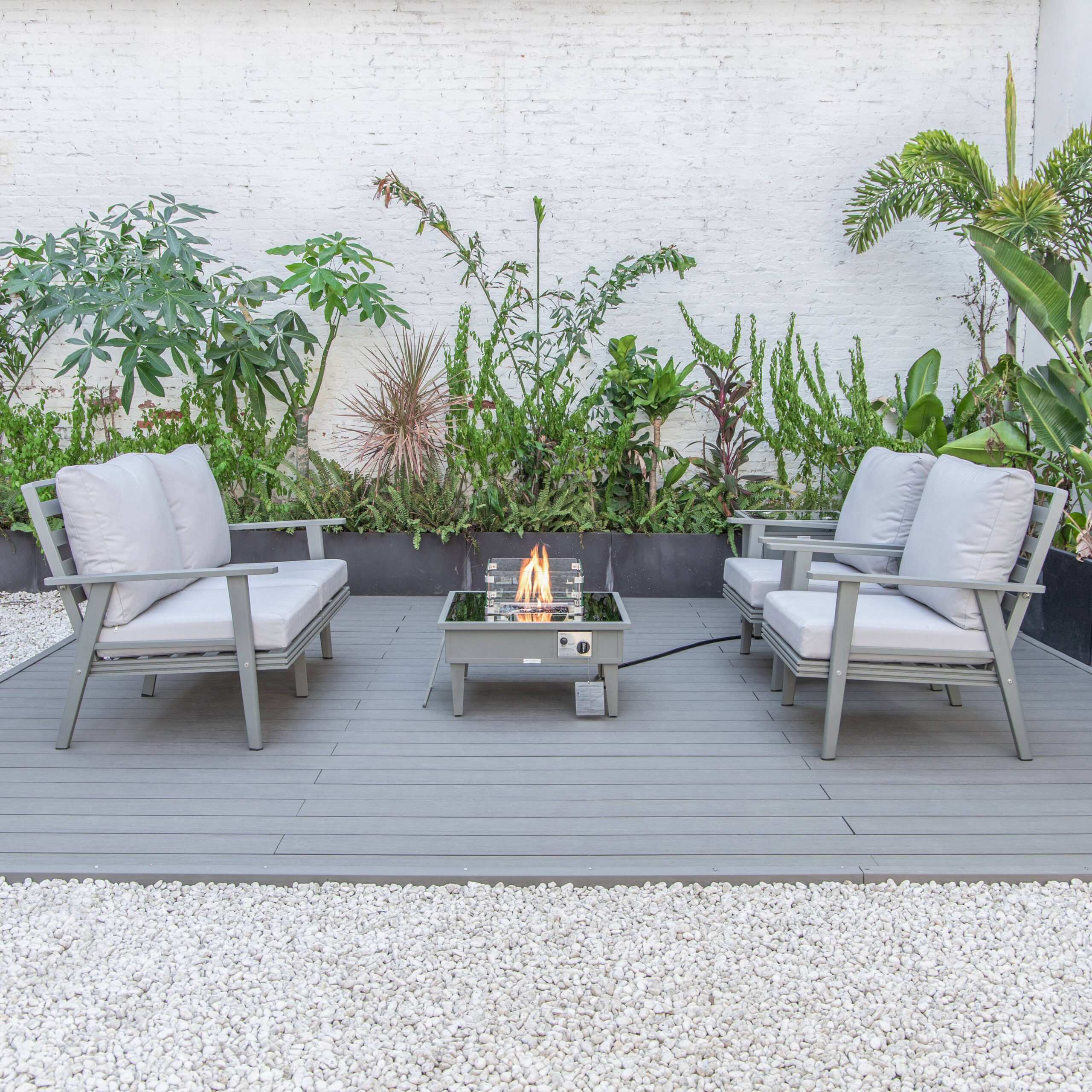 LeisureMod Walbrooke Modern Gray Patio Conversation With Square Fire Pit & Tank Holder - Light Gray