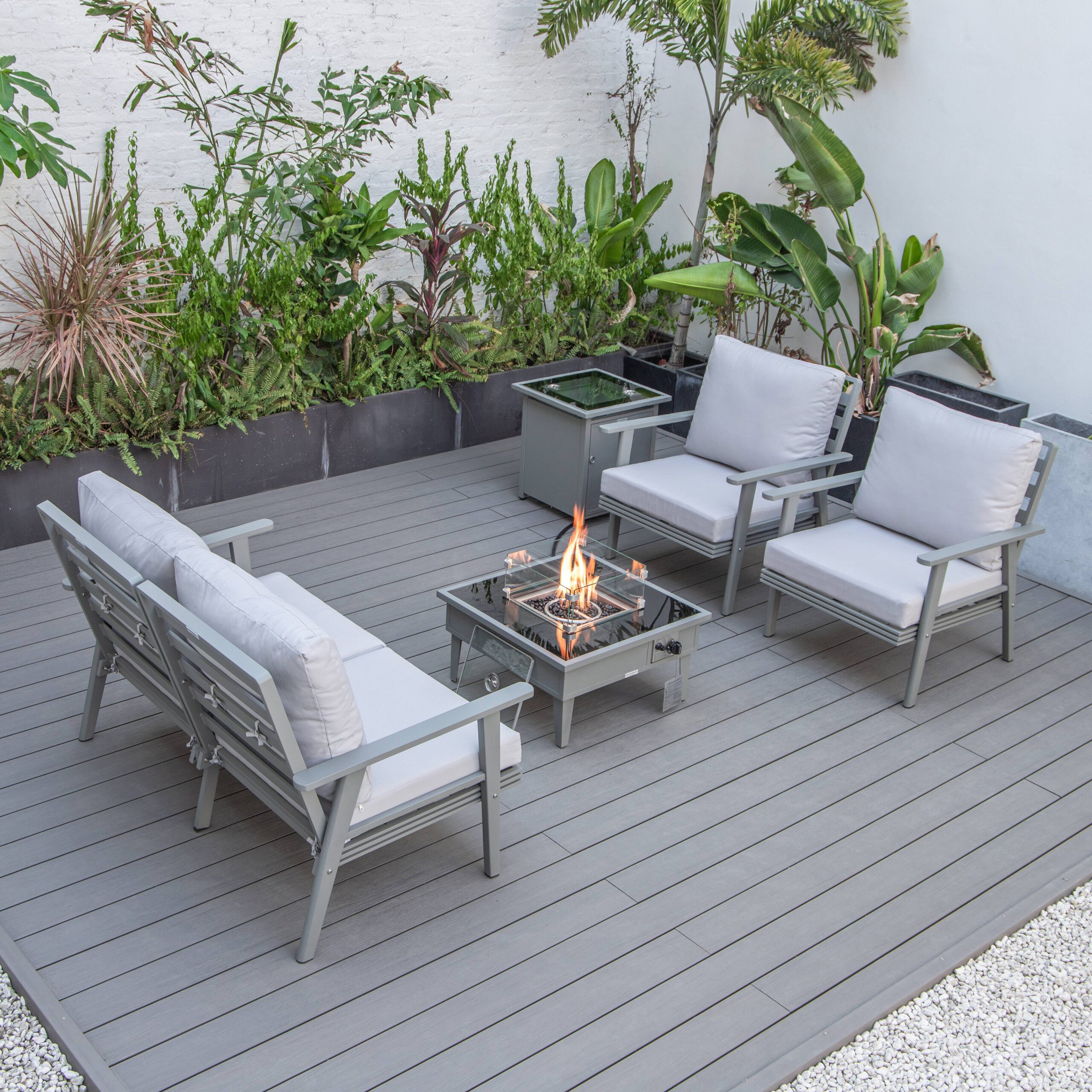 LeisureMod Walbrooke Modern Gray Patio Conversation With Square Fire Pit & Tank Holder - Light Gray