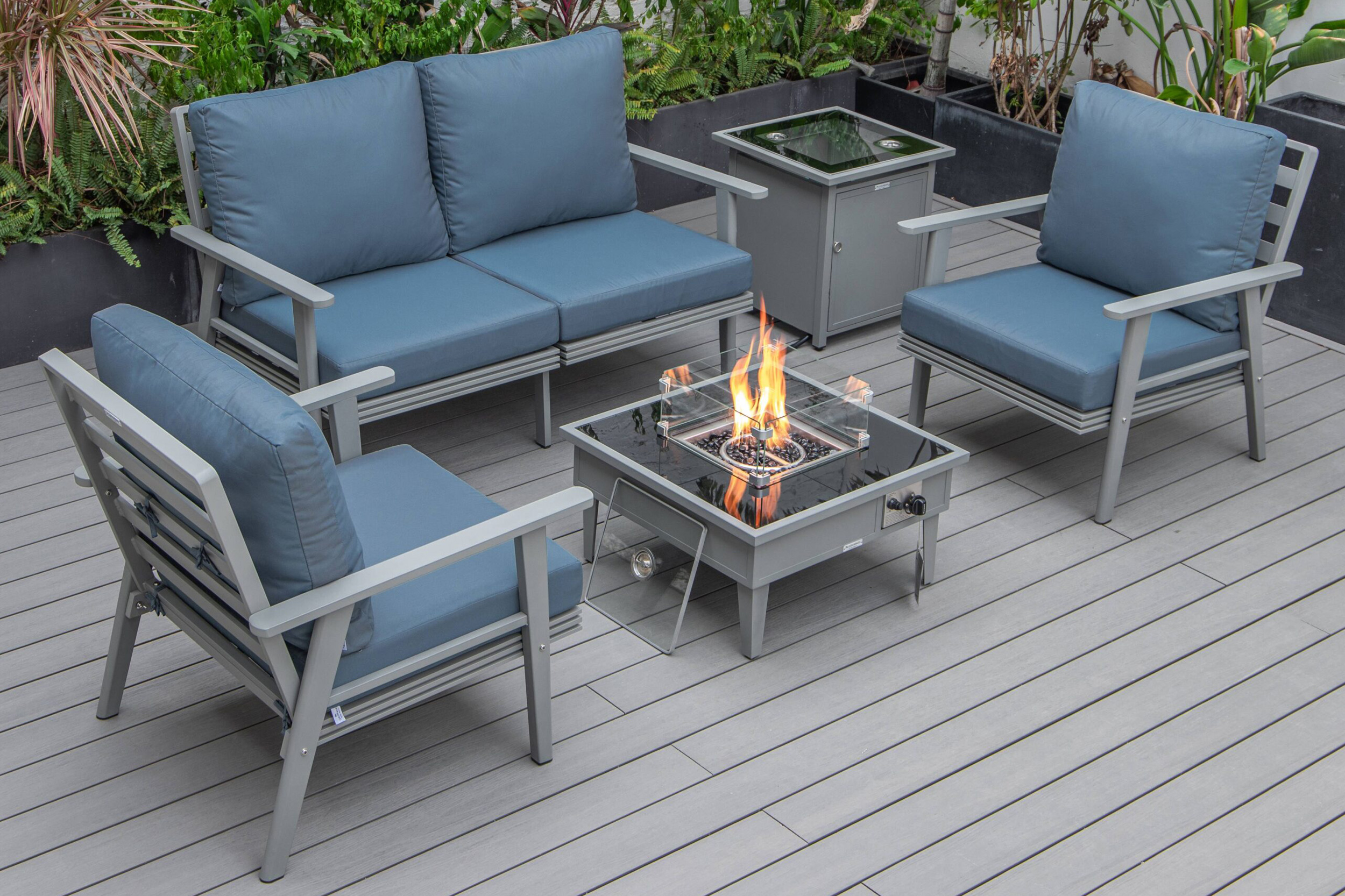 LeisureMod Walbrooke Modern Black Patio Conversation With Square Fire Pit & Tank Holder