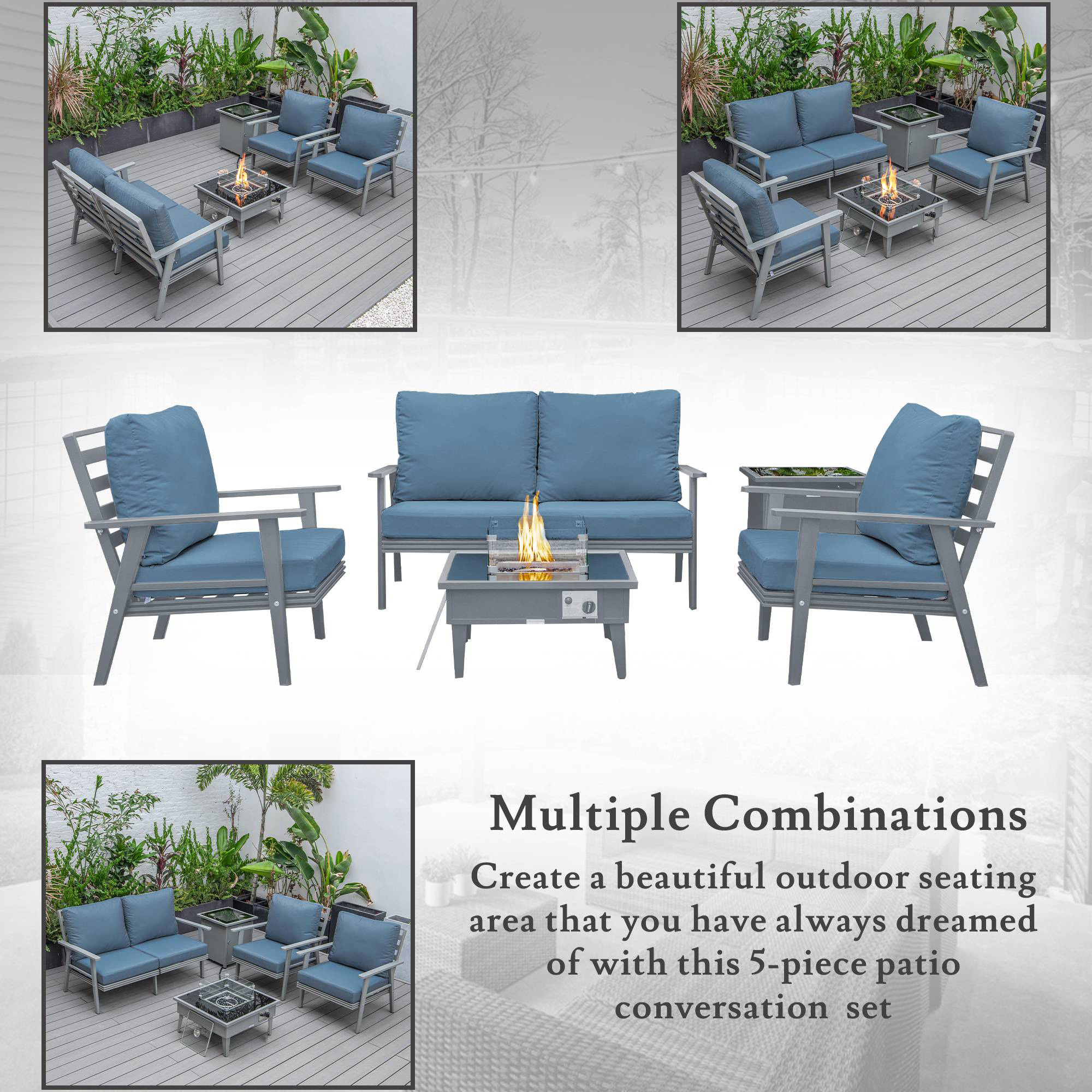 LeisureMod Walbrooke Modern Gray Patio Conversation With Square Fire Pit & Tank Holder - Navy Blue