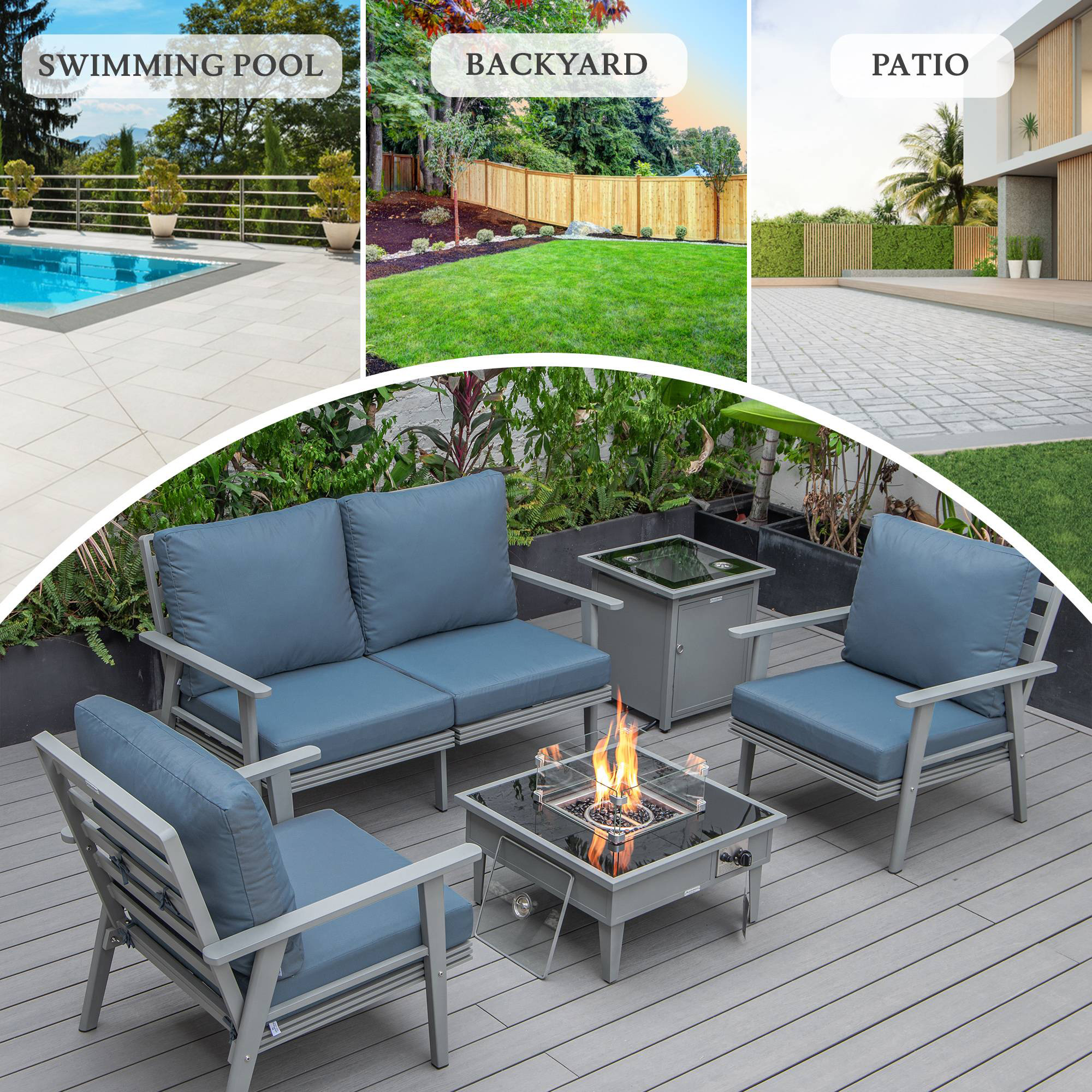 LeisureMod Walbrooke Modern Gray Patio Conversation With Square Fire Pit & Tank Holder - Navy Blue