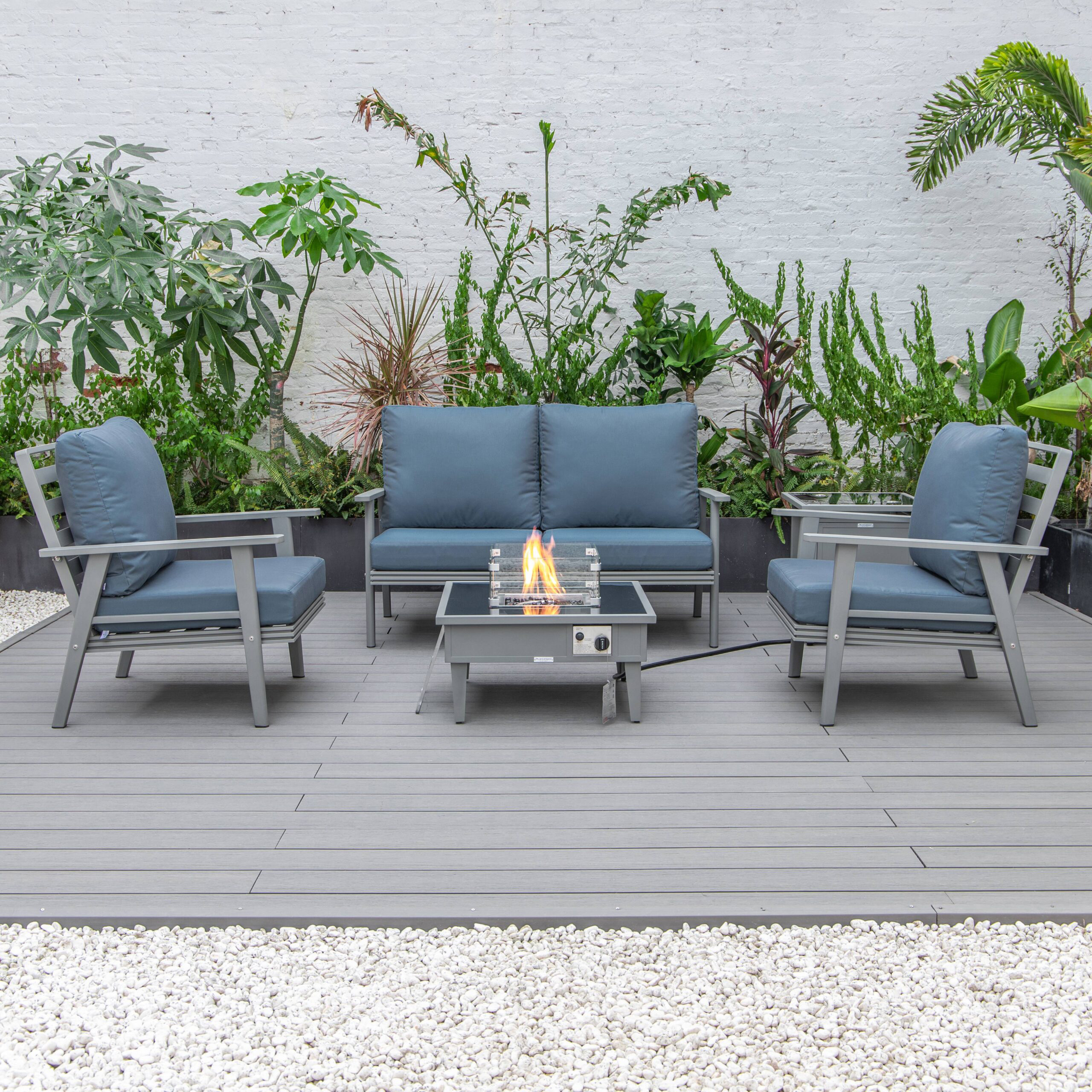 LeisureMod Walbrooke Modern Gray Patio Conversation With Square Fire Pit & Tank Holder - Navy Blue