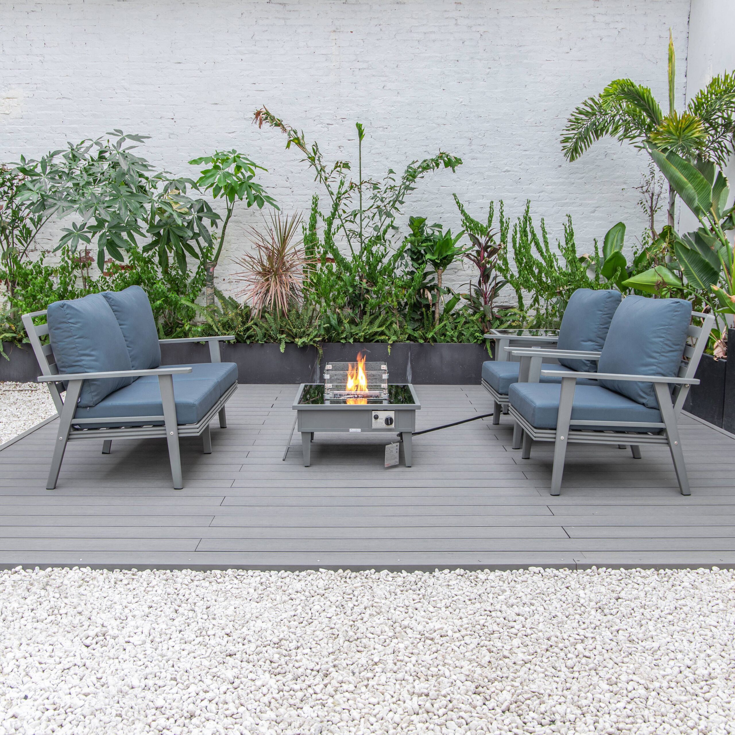 LeisureMod Walbrooke Modern Gray Patio Conversation With Square Fire Pit & Tank Holder - Navy Blue