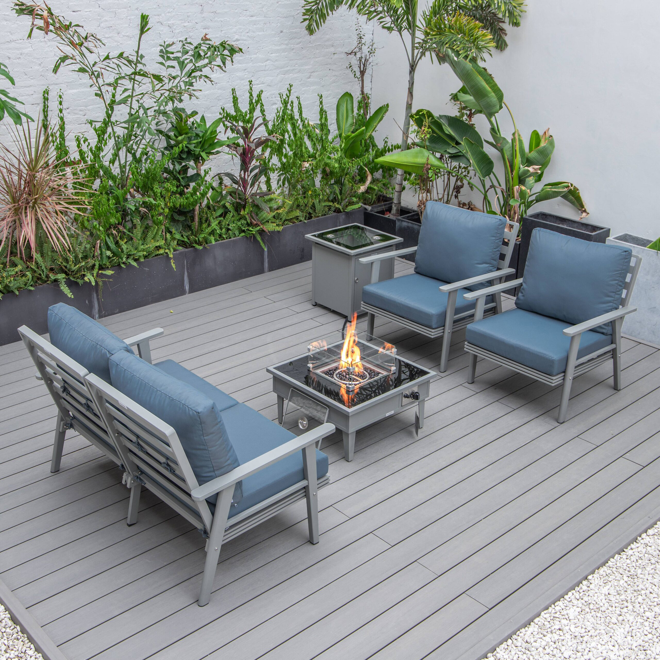 LeisureMod Walbrooke Modern Gray Patio Conversation With Square Fire Pit & Tank Holder - Navy Blue