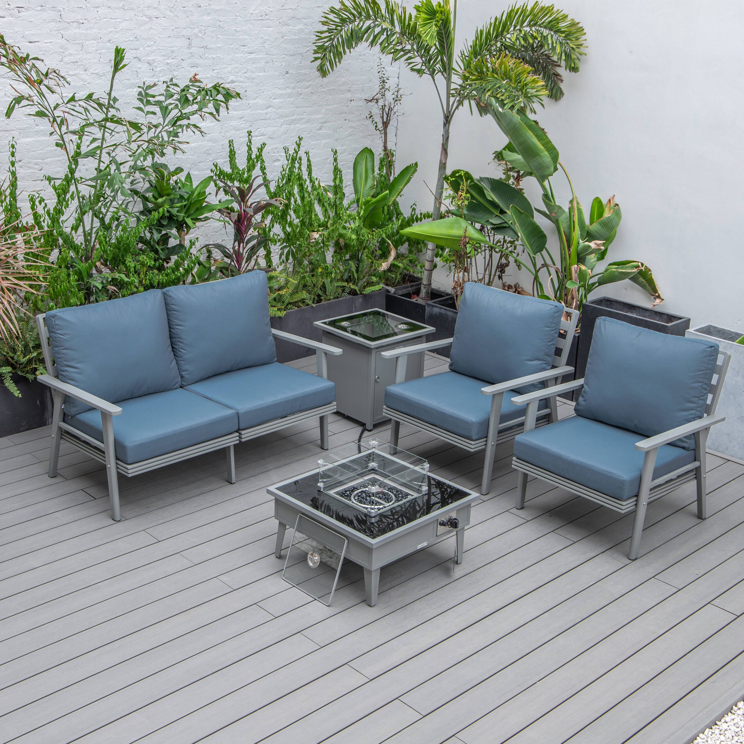 LeisureMod Walbrooke Modern Gray Patio Conversation With Square Fire Pit & Tank Holder - Navy Blue