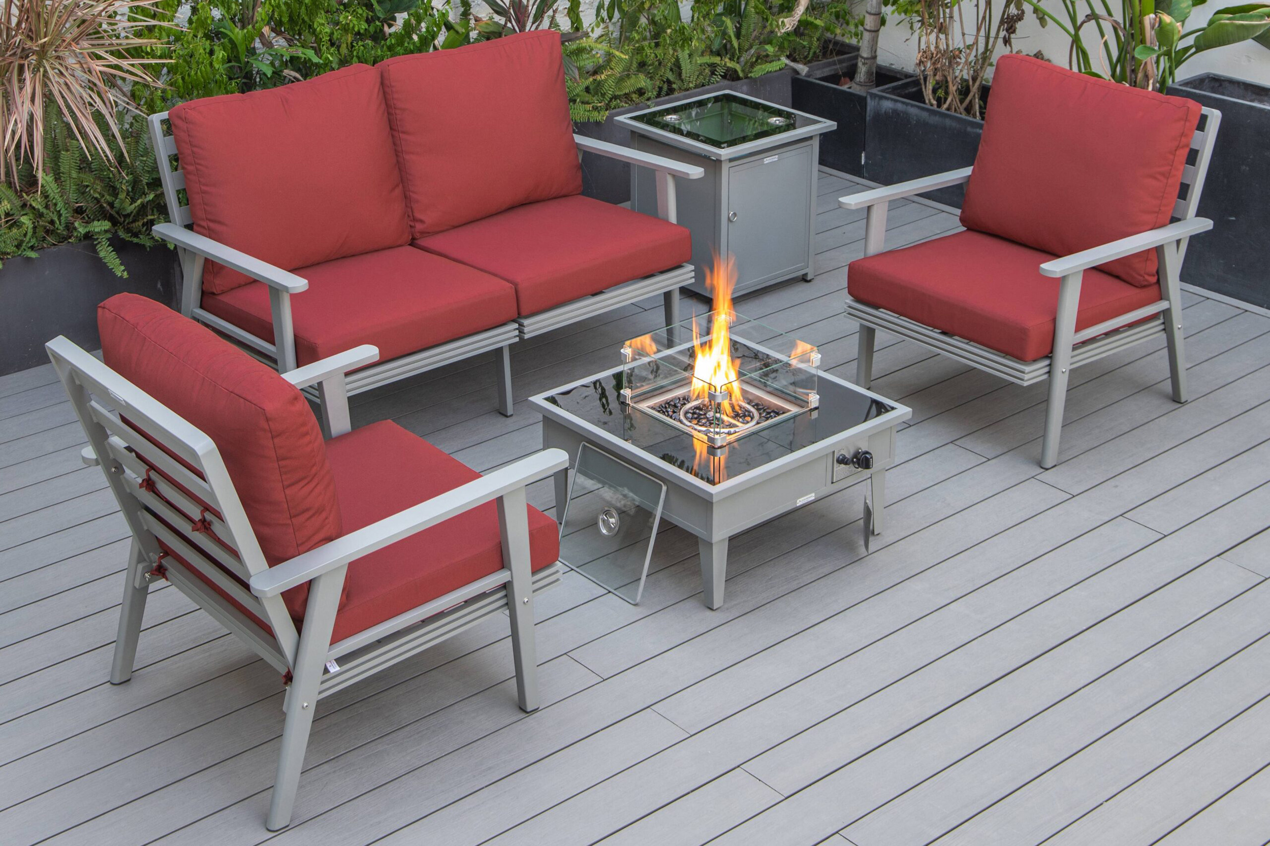 LeisureMod Walbrooke Modern Black Patio Conversation With Square Fire Pit & Tank Holder