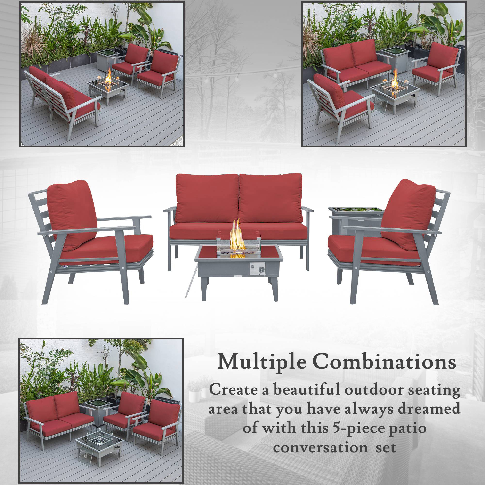 LeisureMod Walbrooke Modern Gray Patio Conversation With Square Fire Pit & Tank Holder - Red