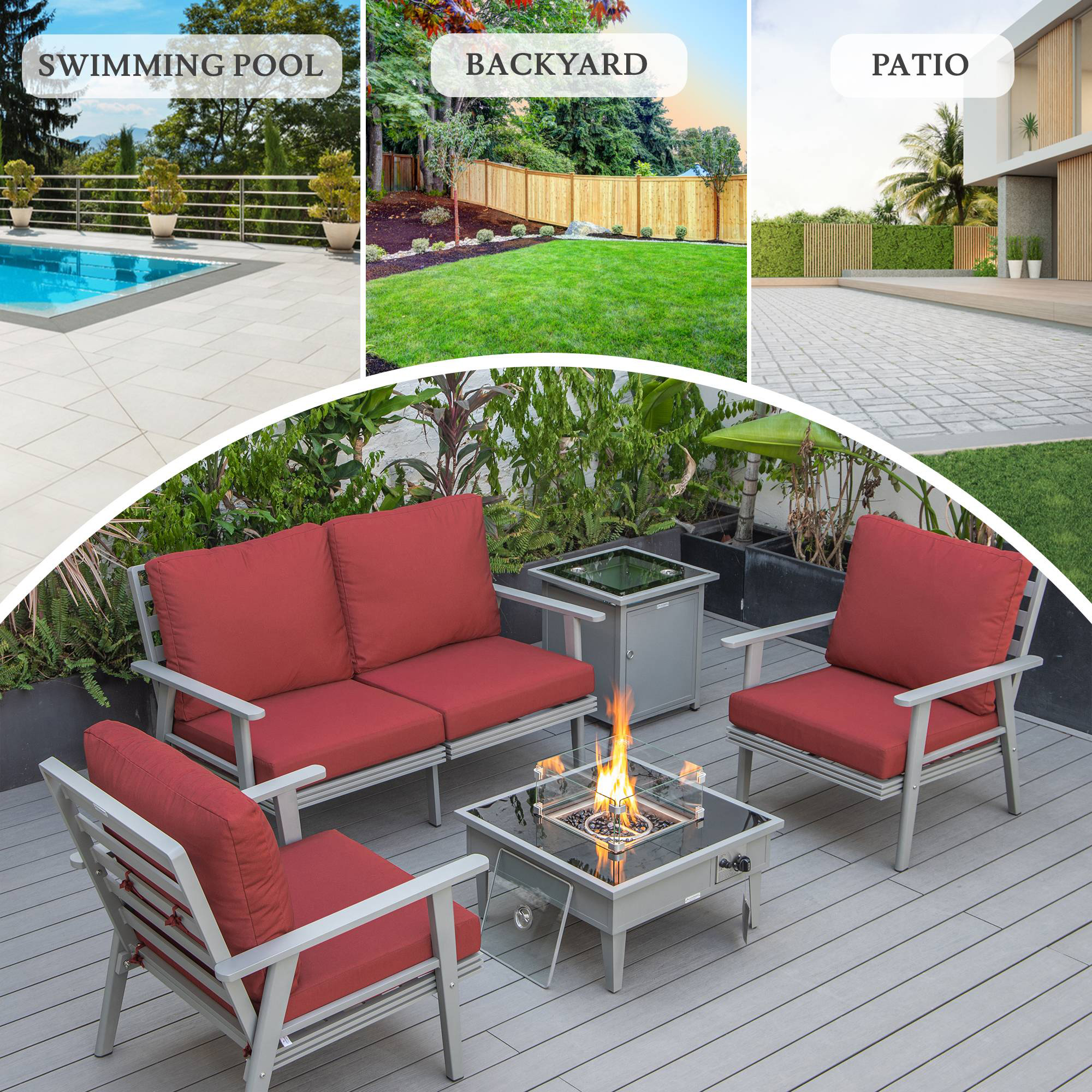 LeisureMod Walbrooke Modern Gray Patio Conversation With Square Fire Pit & Tank Holder - Red