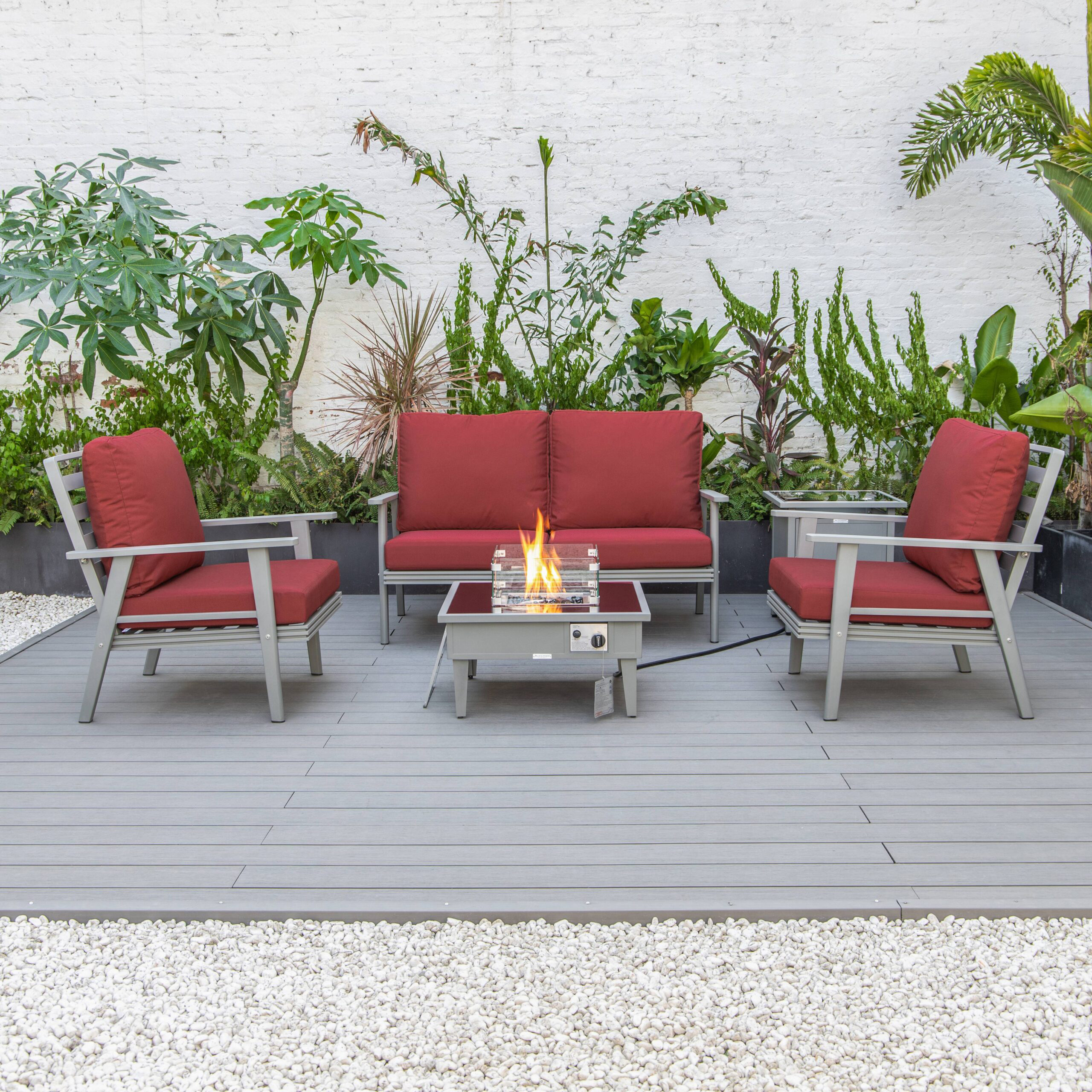 LeisureMod Walbrooke Modern Gray Patio Conversation With Square Fire Pit & Tank Holder - Red