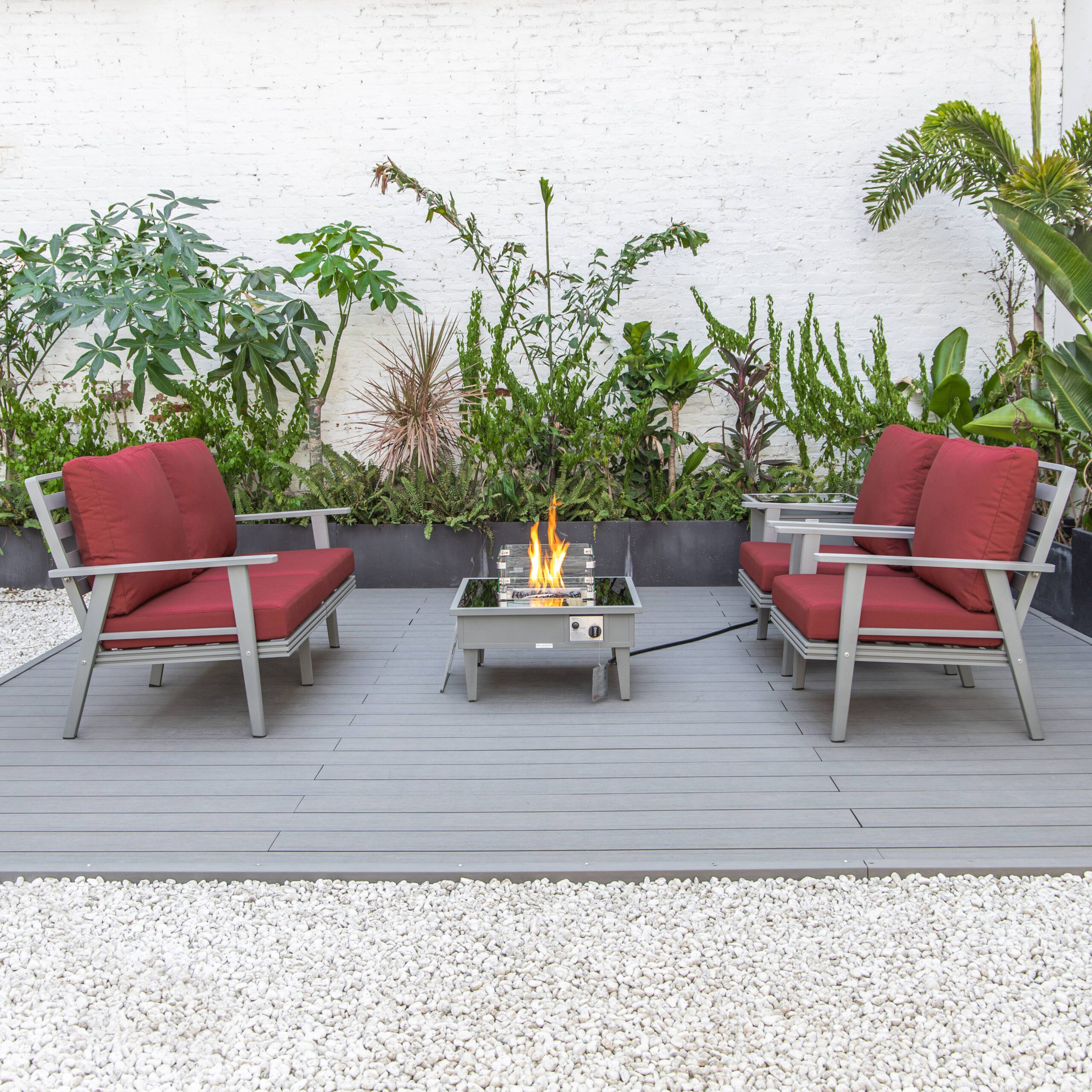 LeisureMod Walbrooke Modern Gray Patio Conversation With Square Fire Pit & Tank Holder - Red