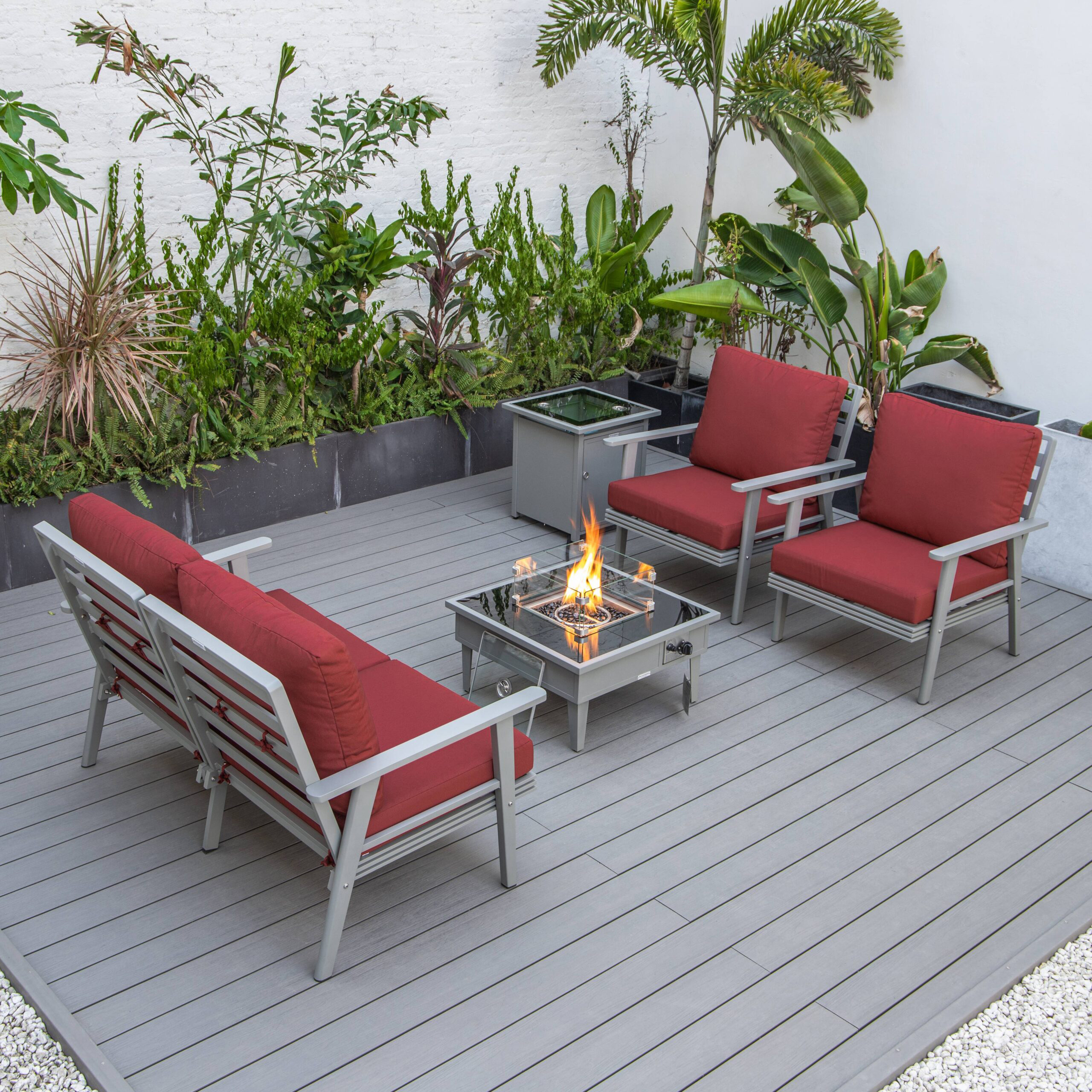 LeisureMod Walbrooke Modern Gray Patio Conversation With Square Fire Pit & Tank Holder - Red