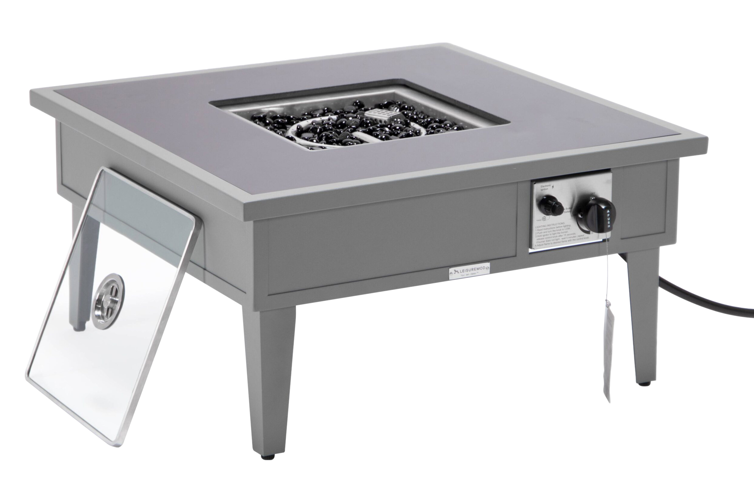 LeisureMod Walbrooke Modern Outdoor Square Fire Pit Table with Powder-Coated Aluminum Frame - Gray