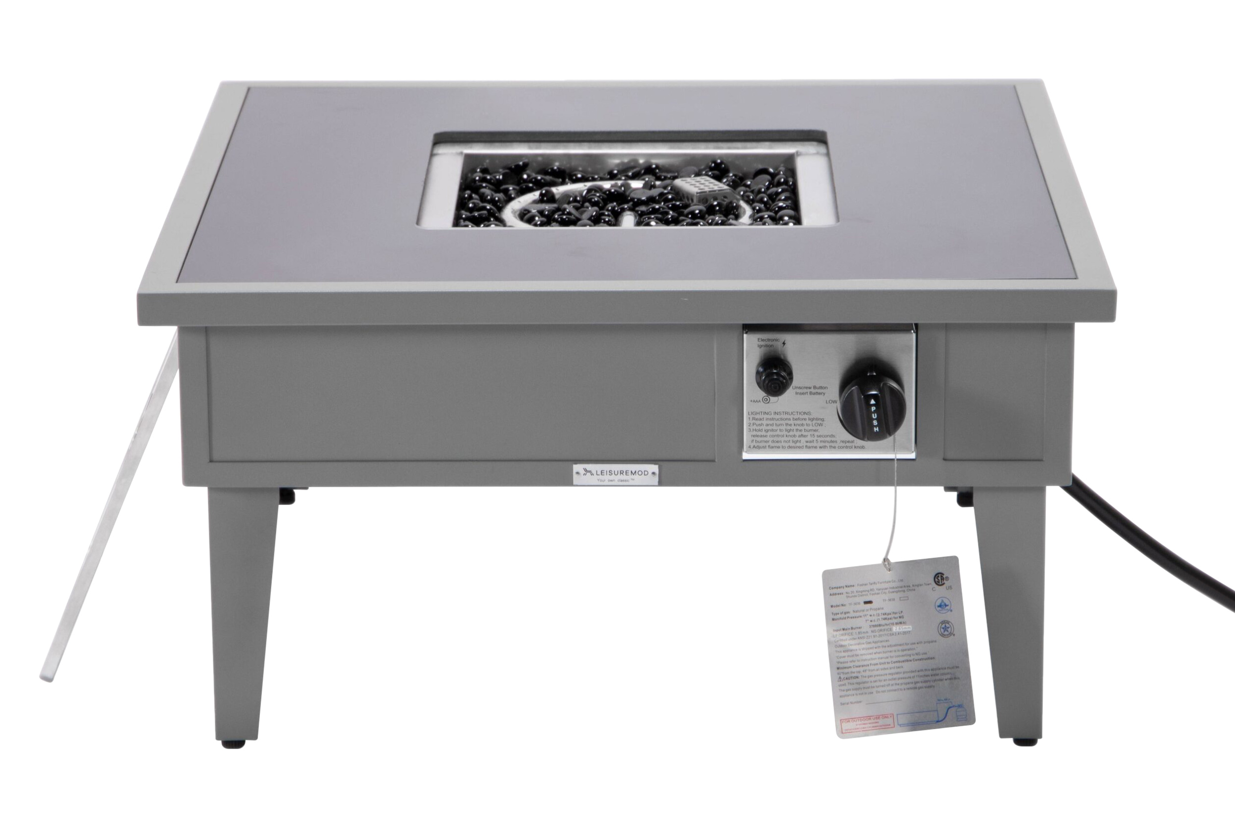 LeisureMod Walbrooke Modern Outdoor Square Fire Pit Table with Powder-Coated Aluminum Frame - Gray