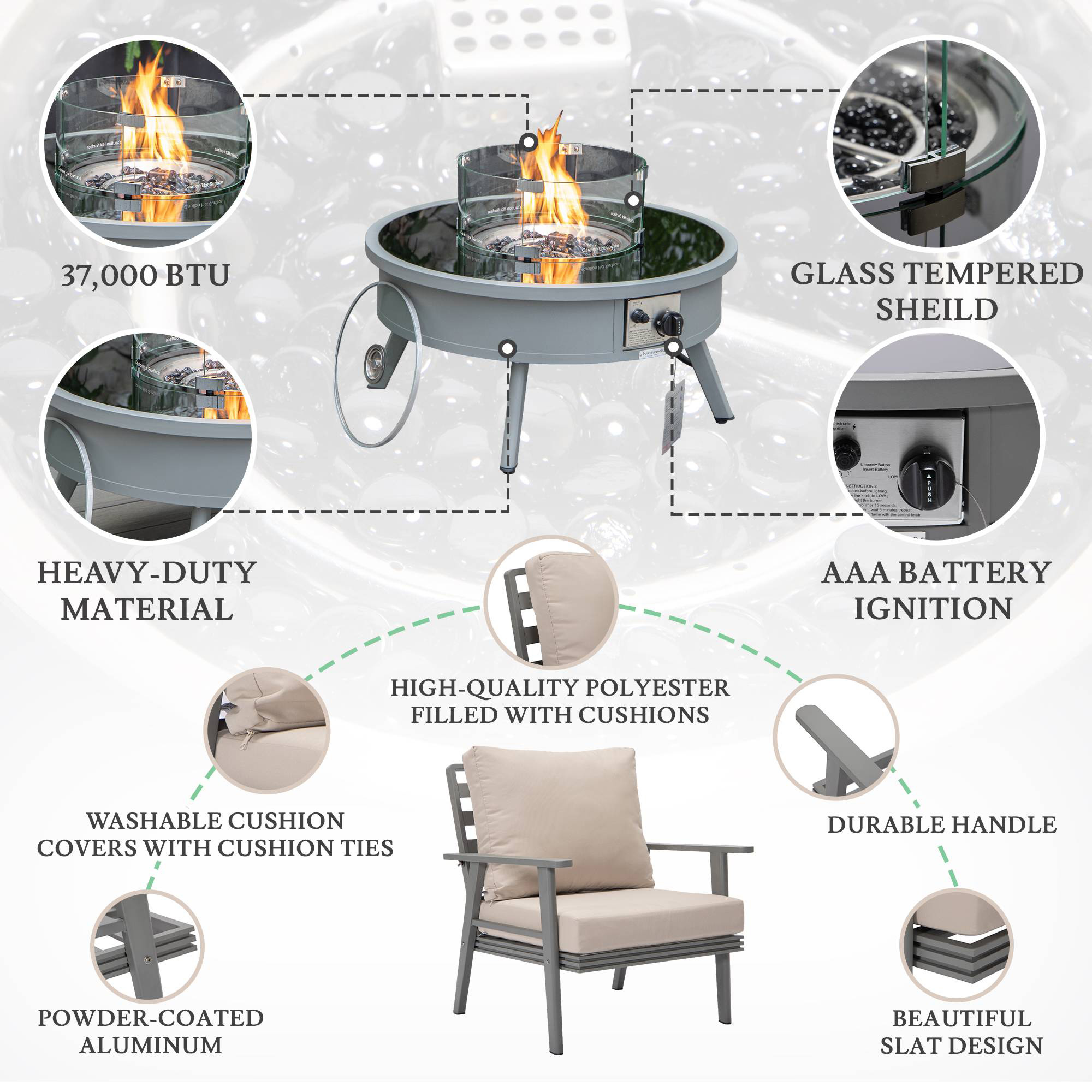 LeisureMod™ Walbrooke Modern Gray Patio Conversation With Round Fire Pit & Tank Holder - Beige