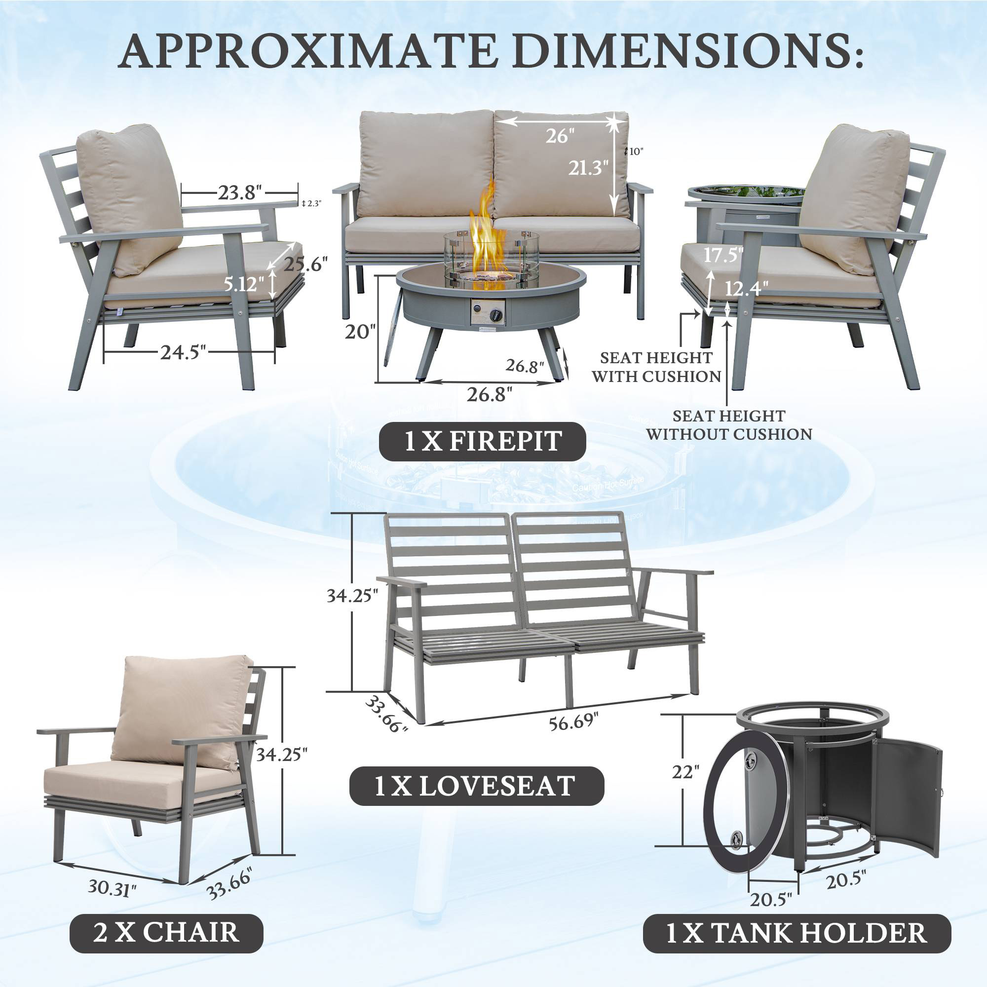 LeisureMod™ Walbrooke Modern Gray Patio Conversation With Round Fire Pit & Tank Holder - Beige