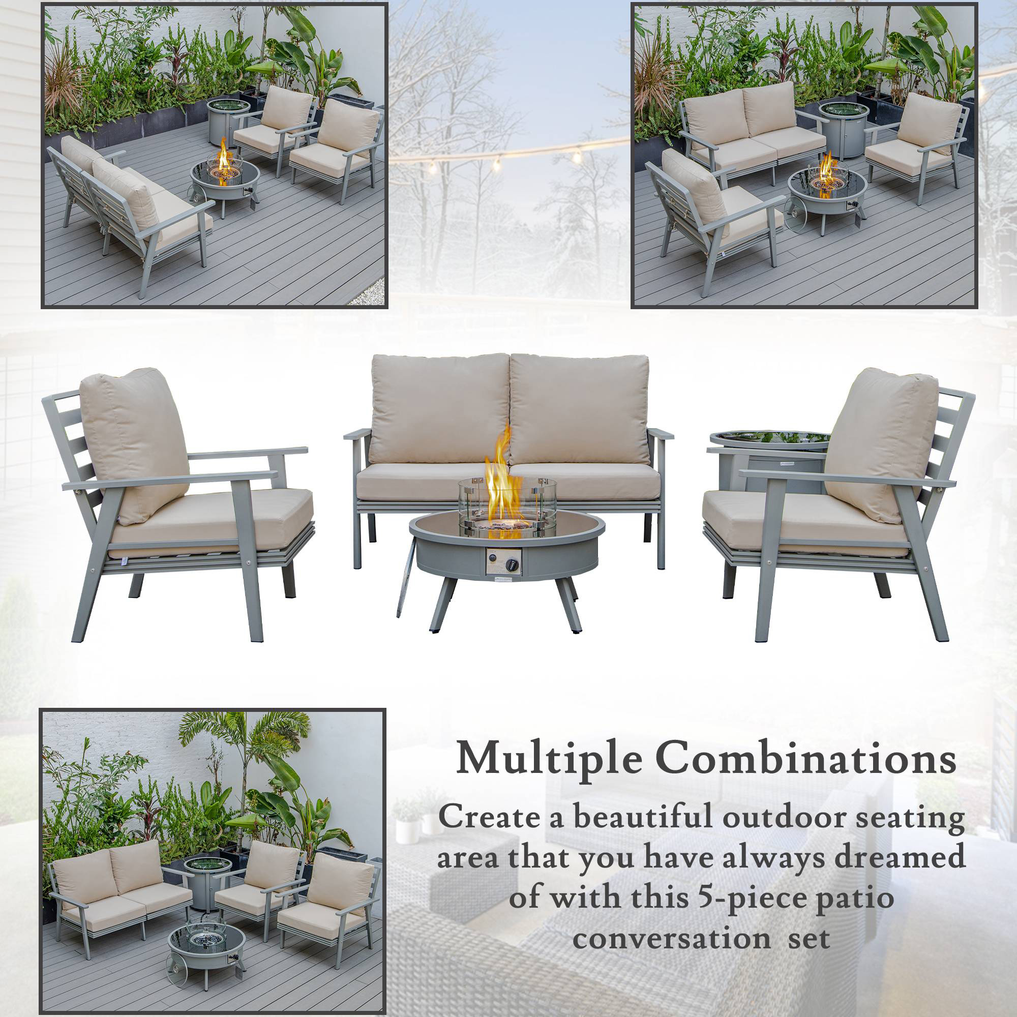 LeisureMod™ Walbrooke Modern Gray Patio Conversation With Round Fire Pit & Tank Holder - Beige