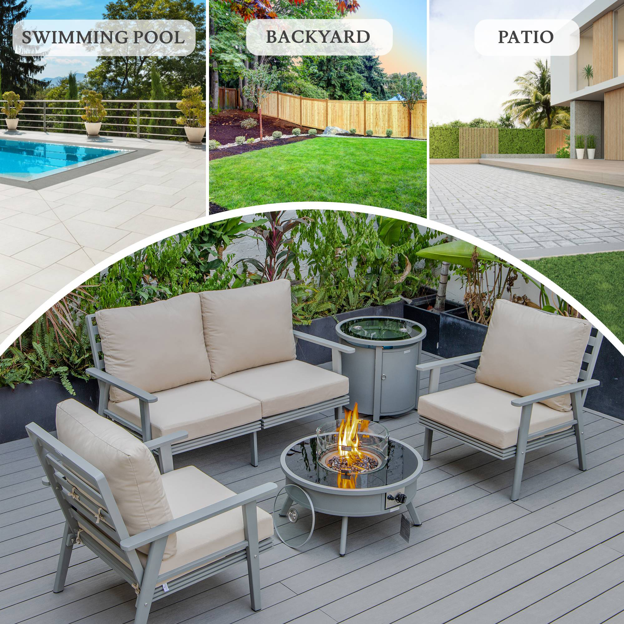 LeisureMod™ Walbrooke Modern Gray Patio Conversation With Round Fire Pit & Tank Holder - Beige