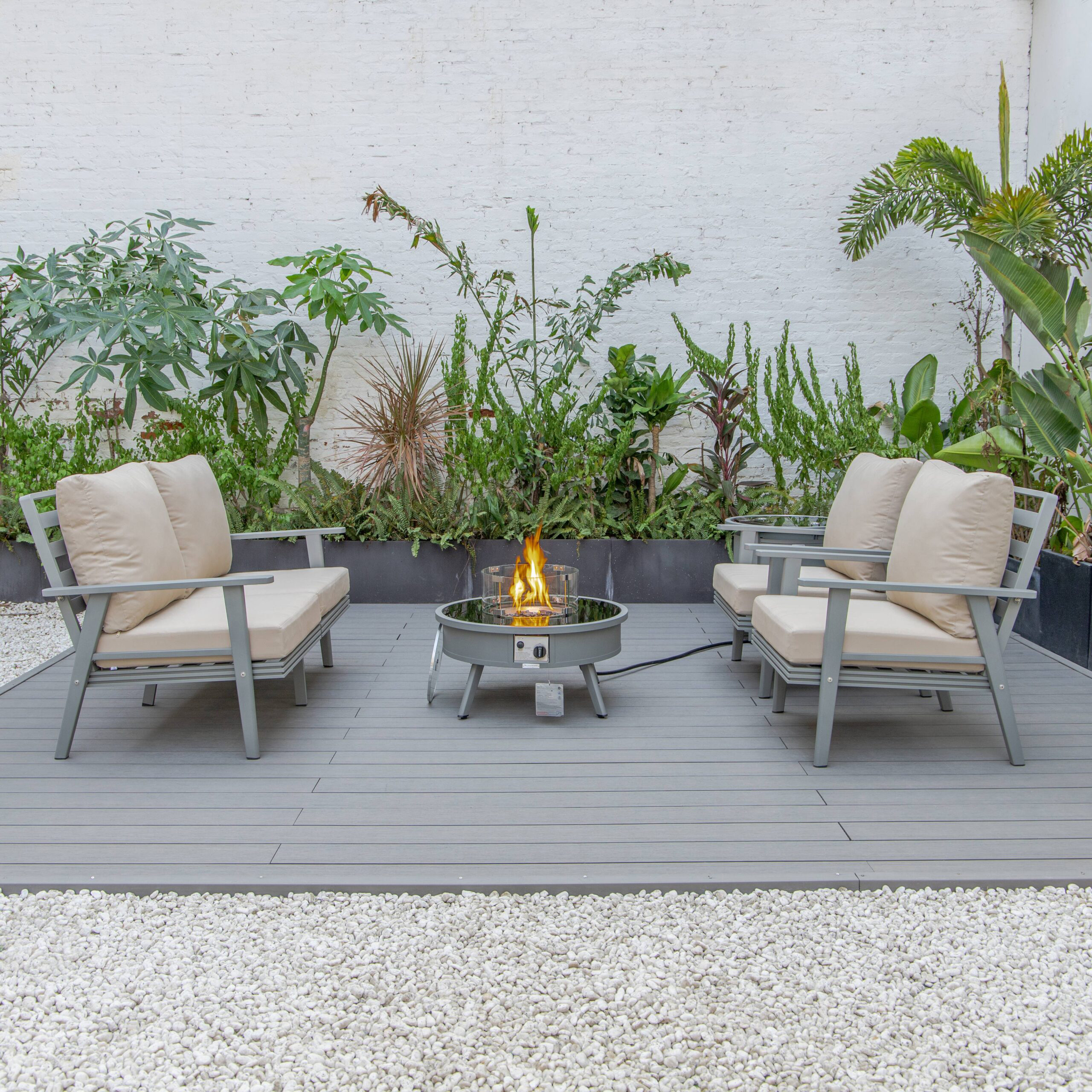 LeisureMod™ Walbrooke Modern Gray Patio Conversation With Round Fire Pit & Tank Holder - Beige