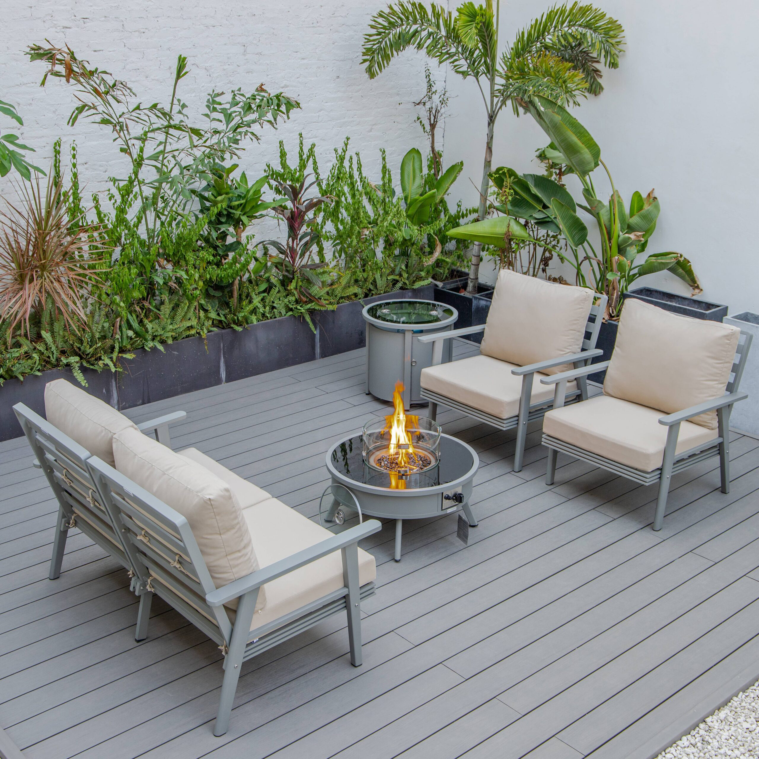 LeisureMod™ Walbrooke Modern Gray Patio Conversation With Round Fire Pit & Tank Holder - Beige