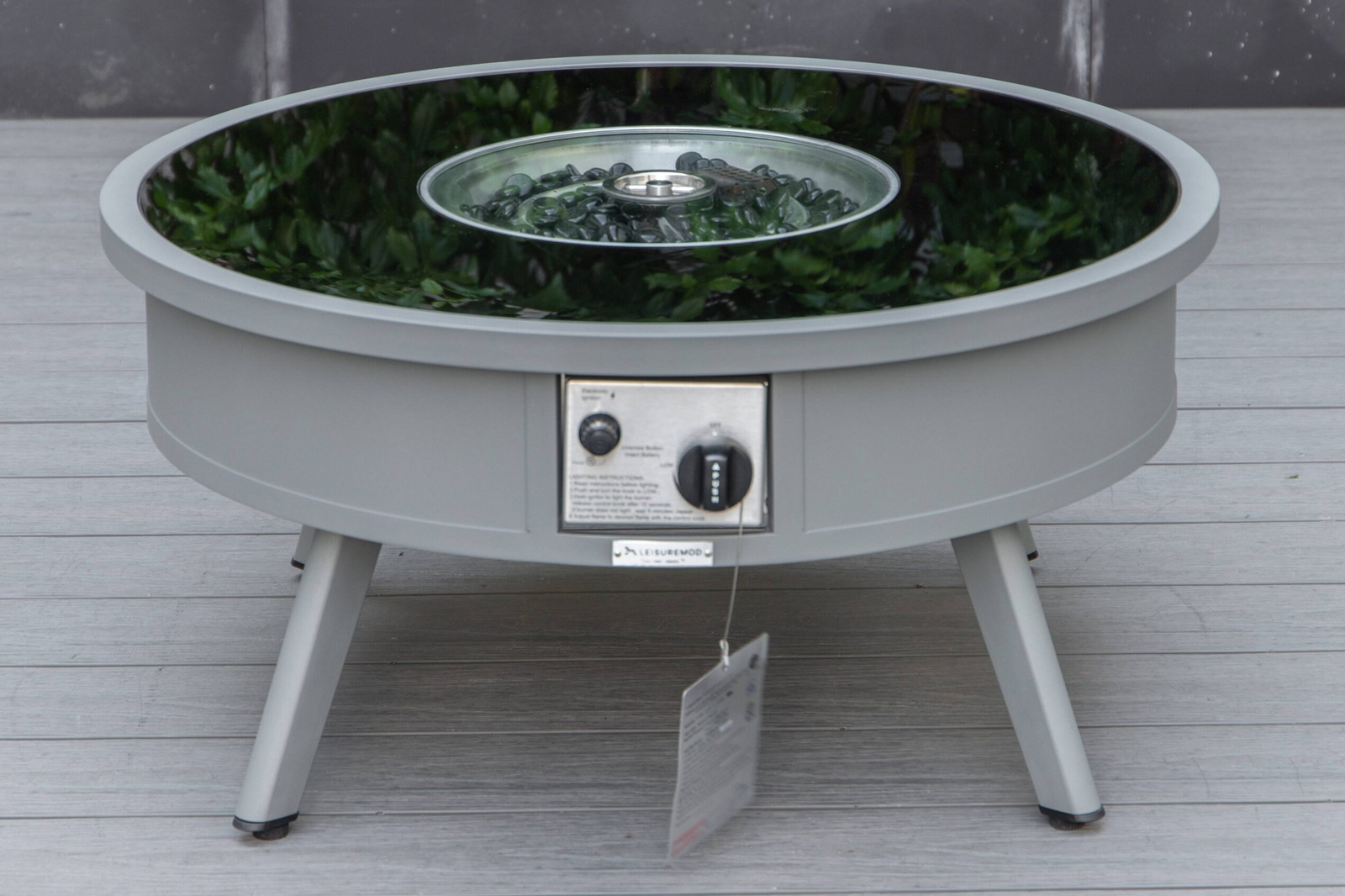 LeisureMod™ Walbrooke Modern Gray Patio Conversation With Round Fire Pit & Tank Holder - Beige