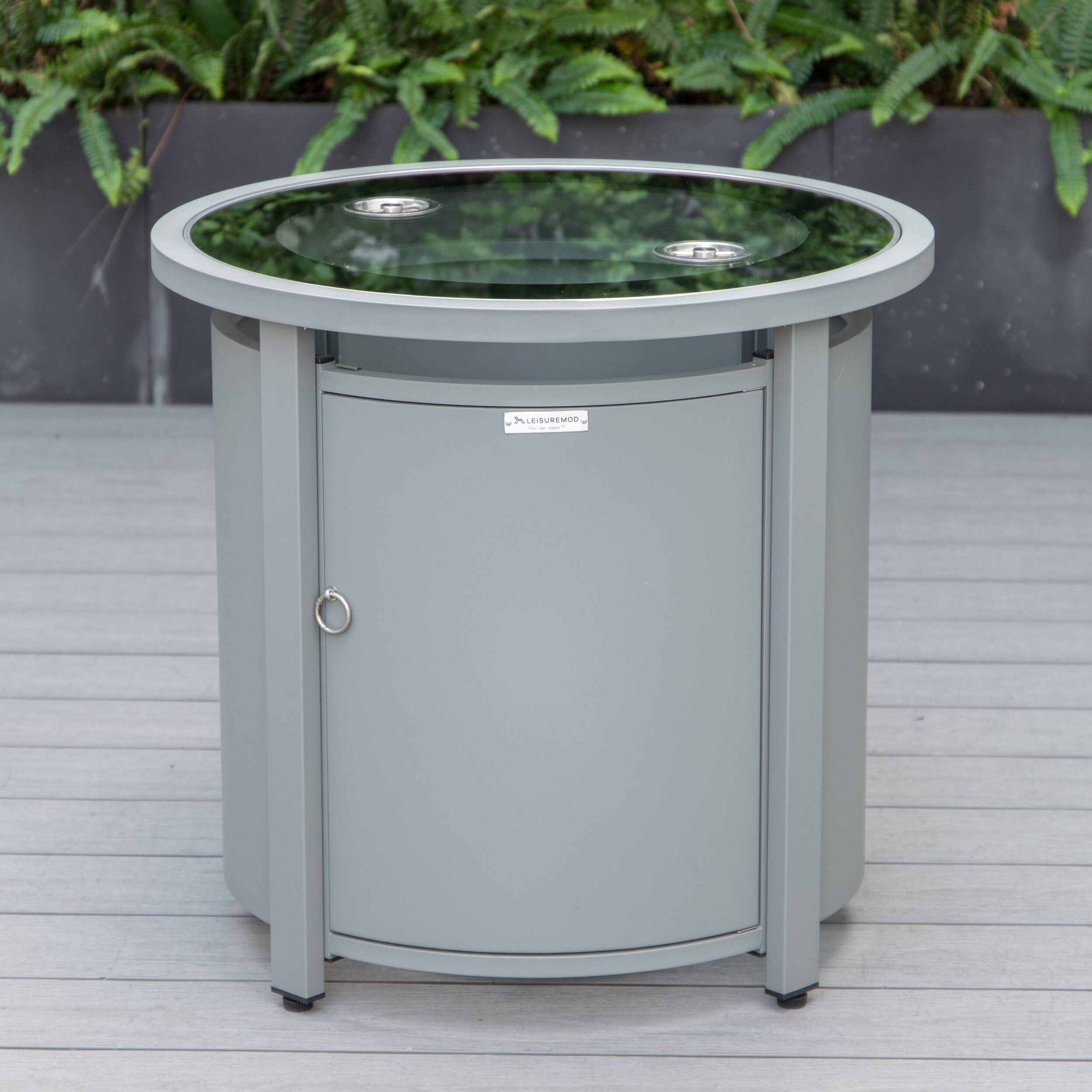 LeisureMod™ Walbrooke Modern Gray Patio Conversation With Round Fire Pit & Tank Holder - Beige