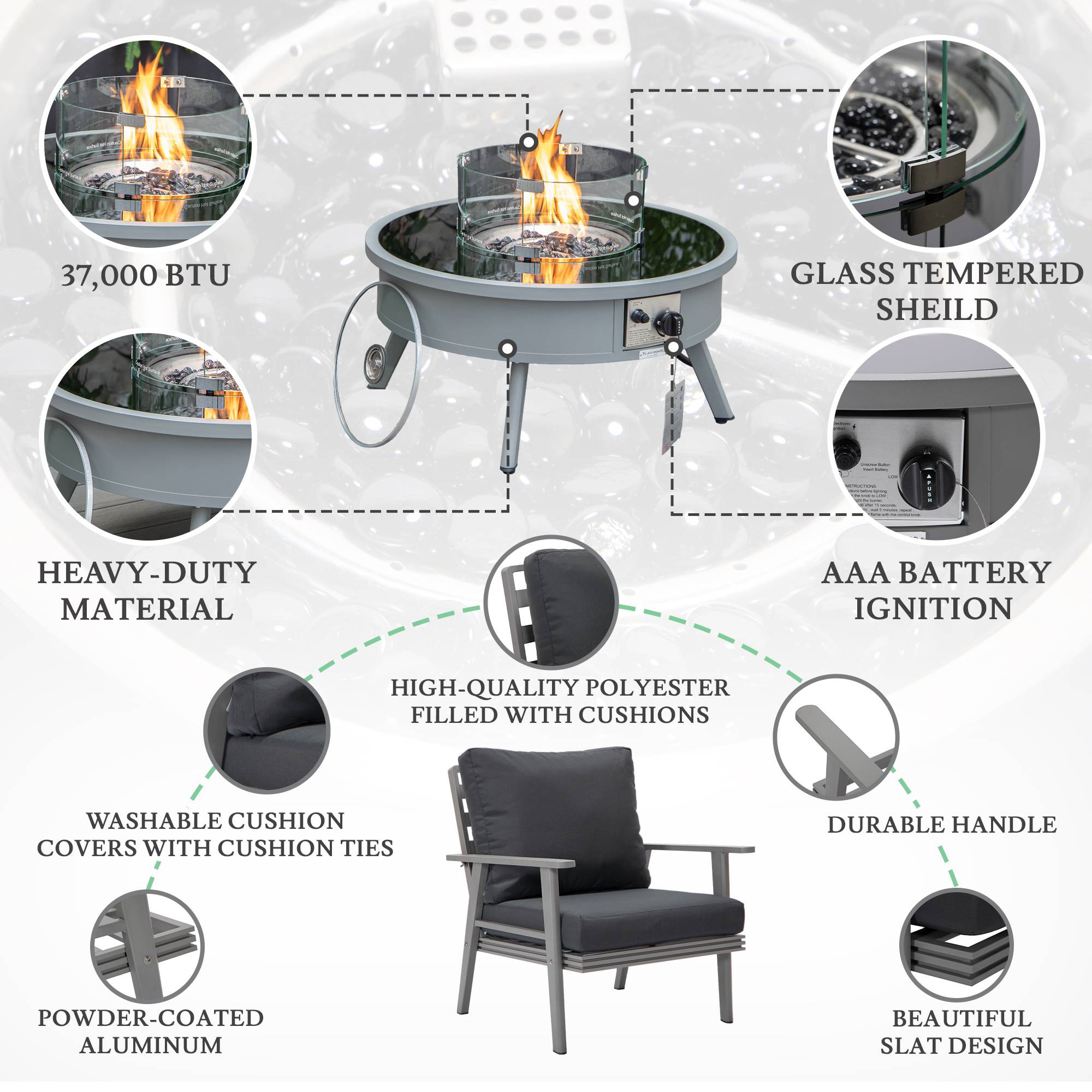 LeisureMod™ Walbrooke Modern Gray Patio Conversation With Round Fire Pit & Tank Holder - Charcoal