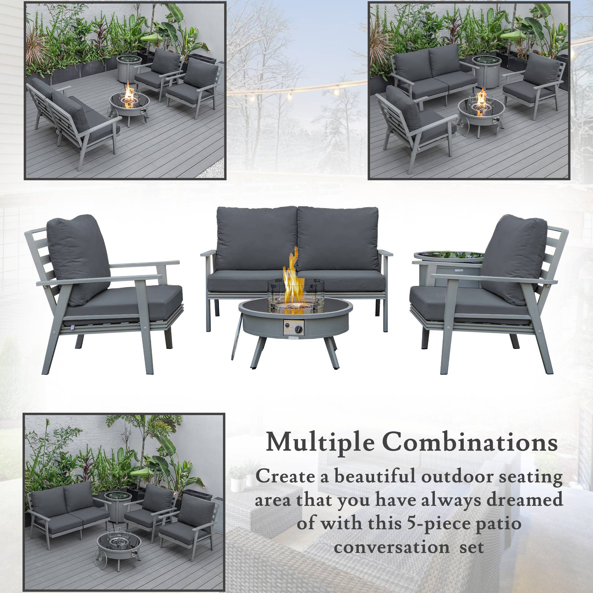 LeisureMod™ Walbrooke Modern Gray Patio Conversation With Round Fire Pit & Tank Holder - Charcoal