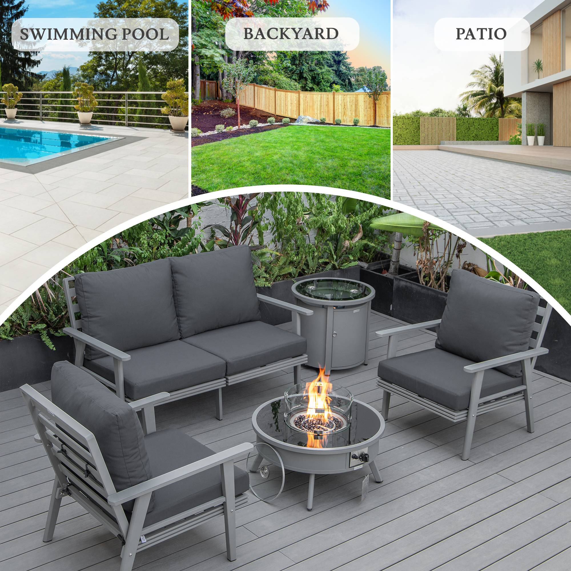 LeisureMod™ Walbrooke Modern Gray Patio Conversation With Round Fire Pit & Tank Holder - Charcoal