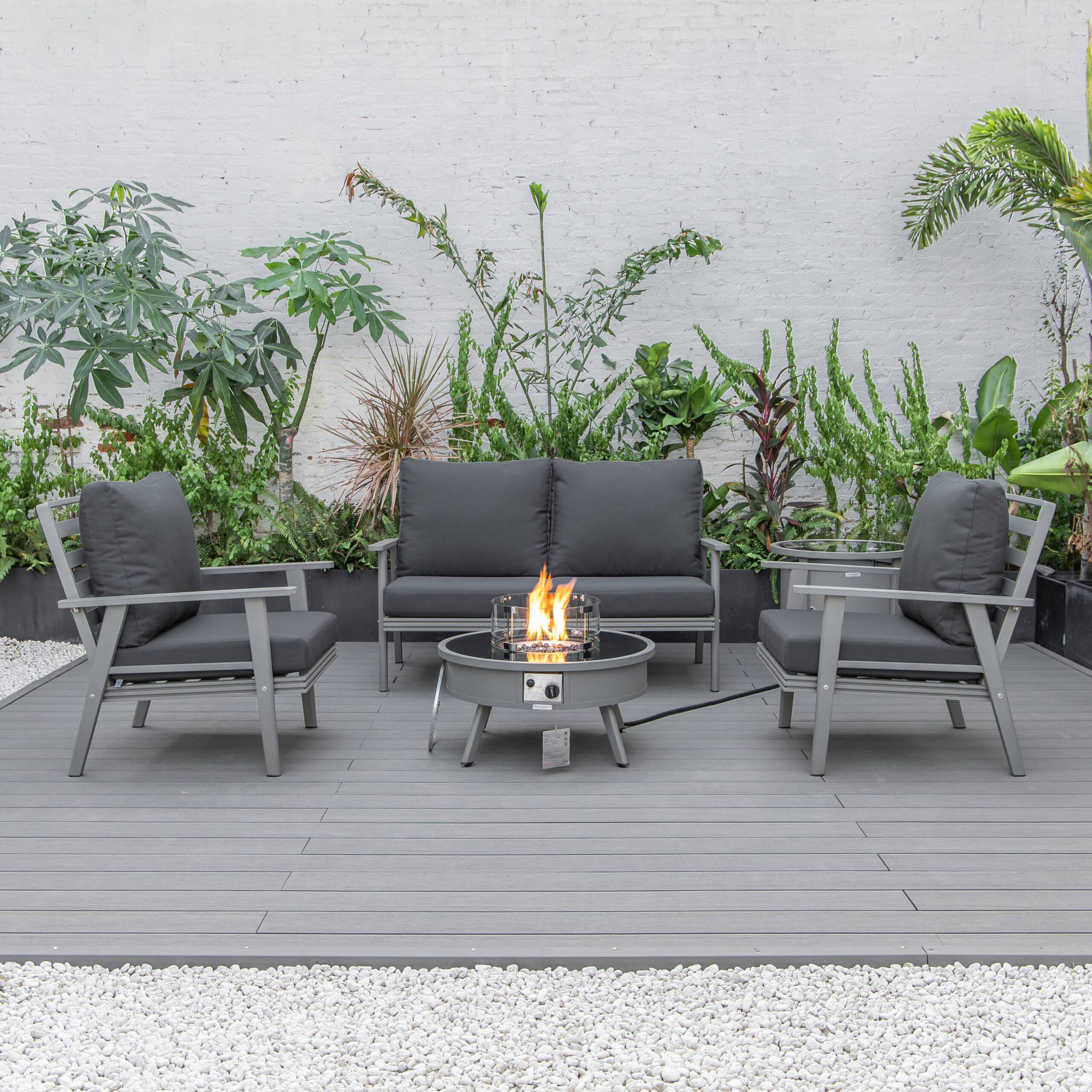 LeisureMod™ Walbrooke Modern Gray Patio Conversation With Round Fire Pit & Tank Holder - Charcoal