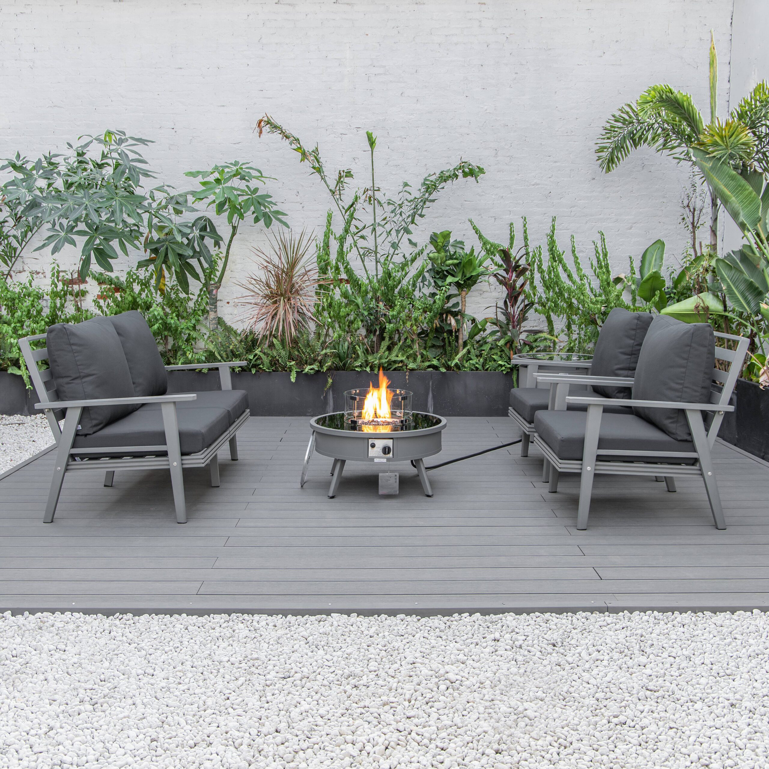 LeisureMod™ Walbrooke Modern Gray Patio Conversation With Round Fire Pit & Tank Holder - Charcoal