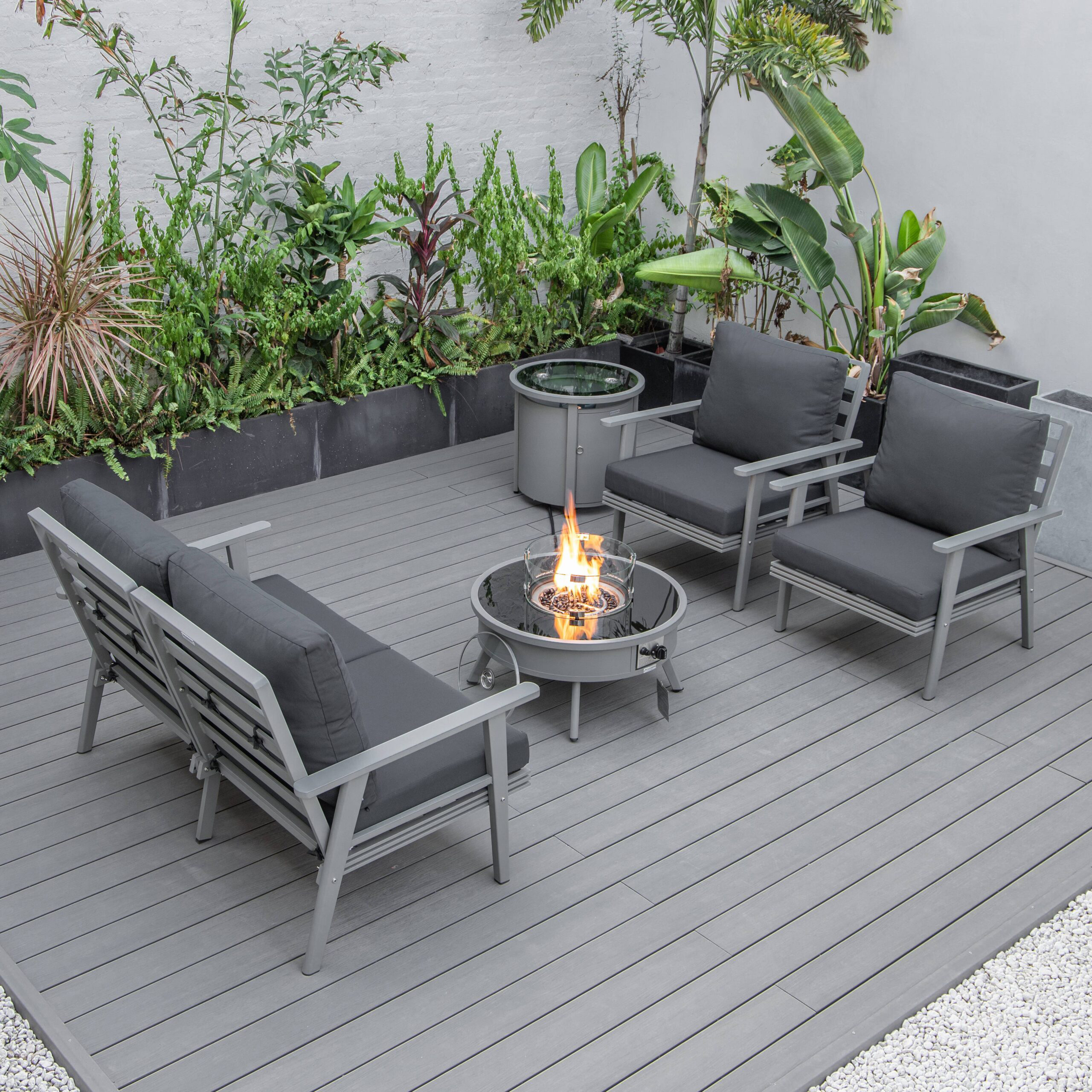 LeisureMod™ Walbrooke Modern Gray Patio Conversation With Round Fire Pit & Tank Holder - Charcoal