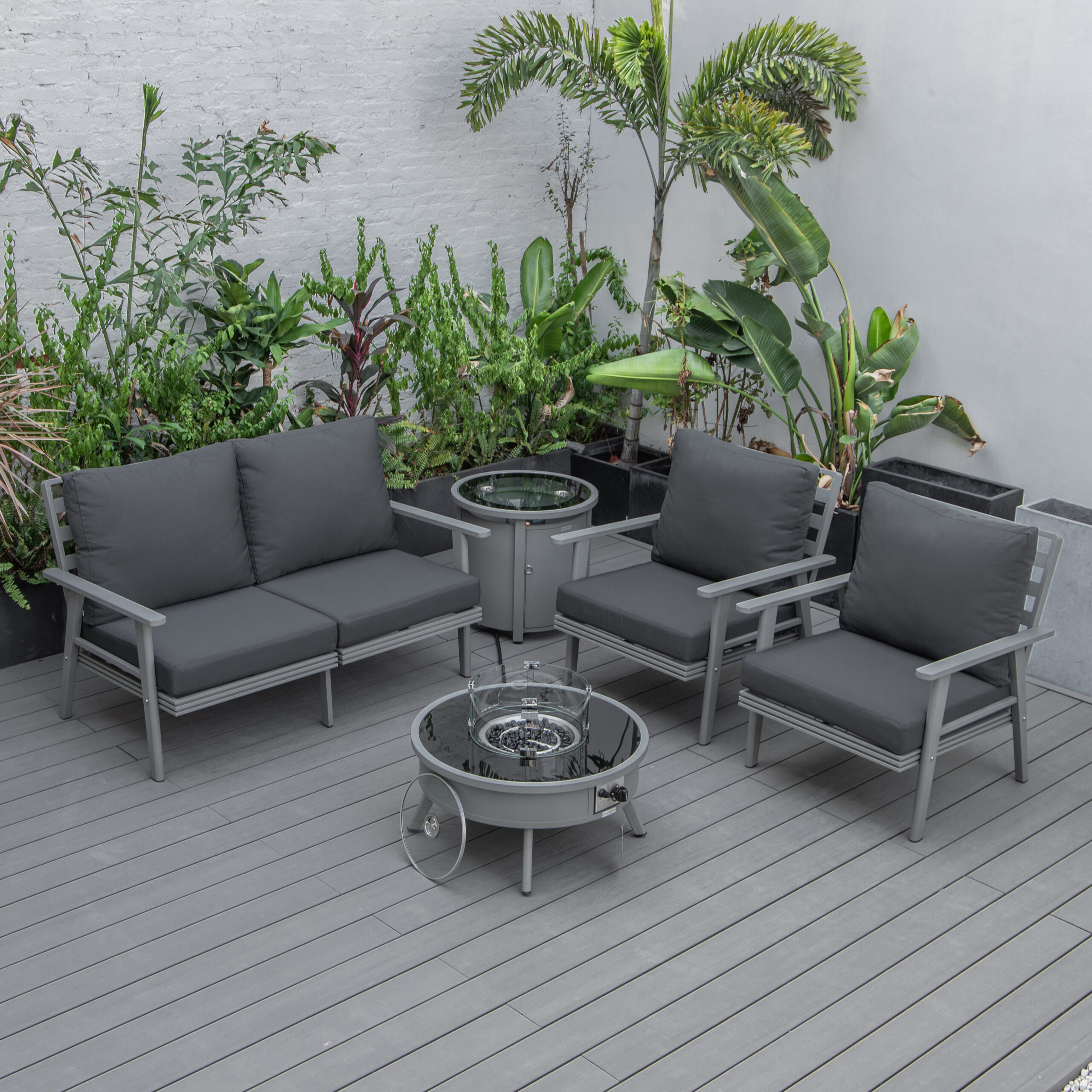 LeisureMod™ Walbrooke Modern Gray Patio Conversation With Round Fire Pit & Tank Holder - Charcoal