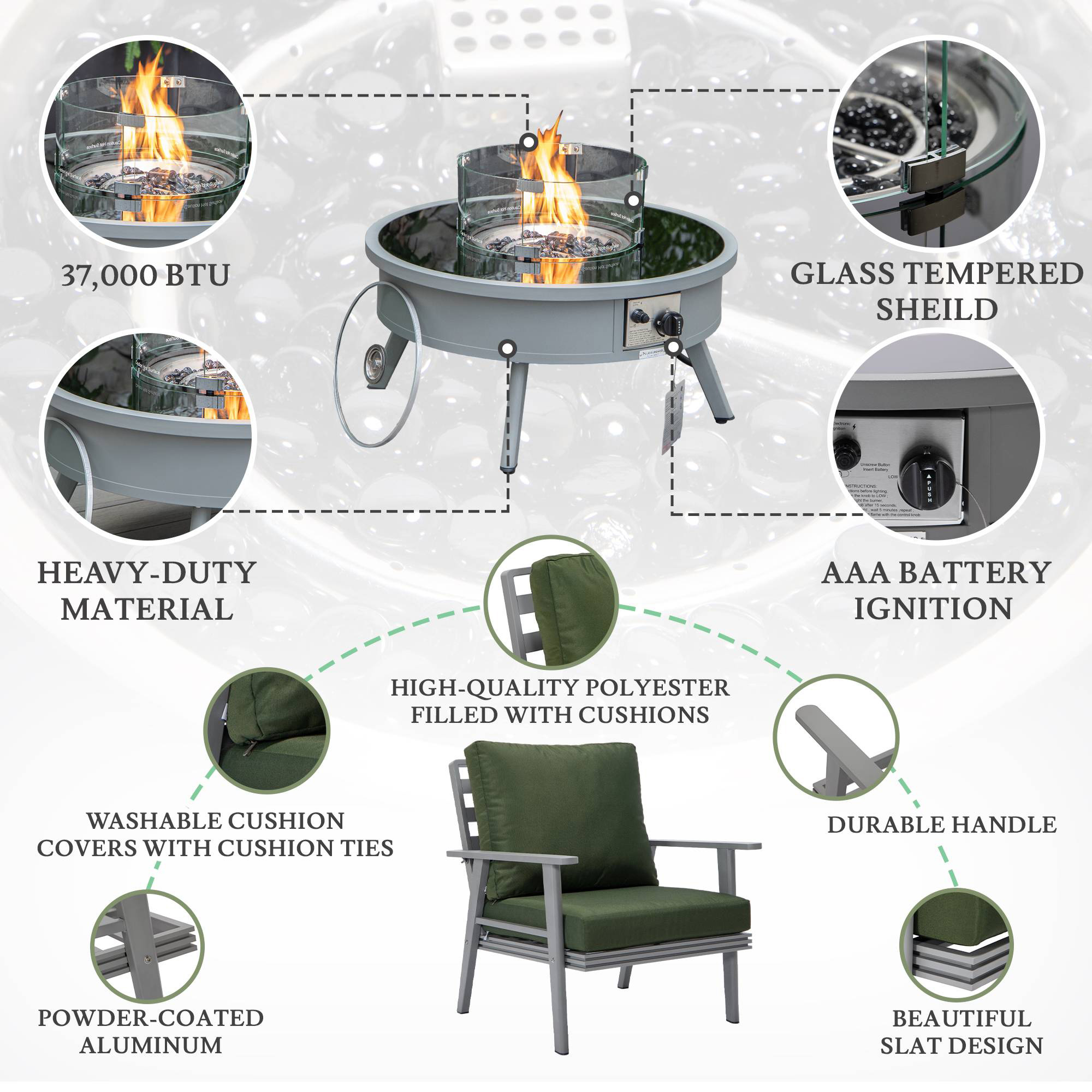 LeisureMod™ Walbrooke Modern Gray Patio Conversation With Round Fire Pit & Tank Holder - Green