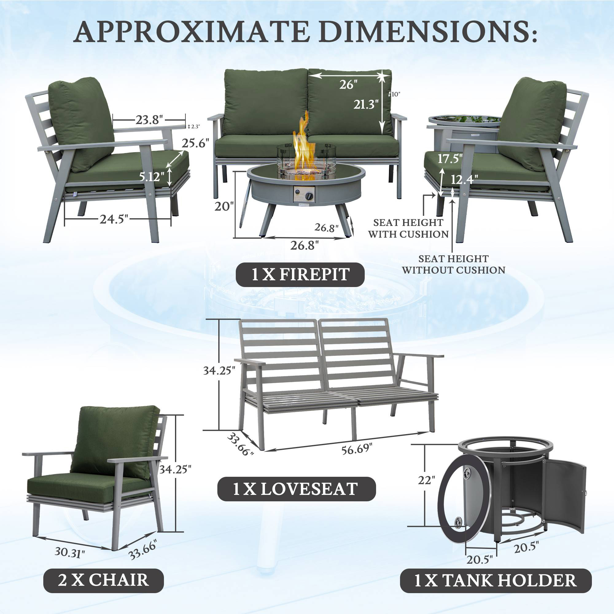 LeisureMod™ Walbrooke Modern Gray Patio Conversation With Round Fire Pit & Tank Holder - Green