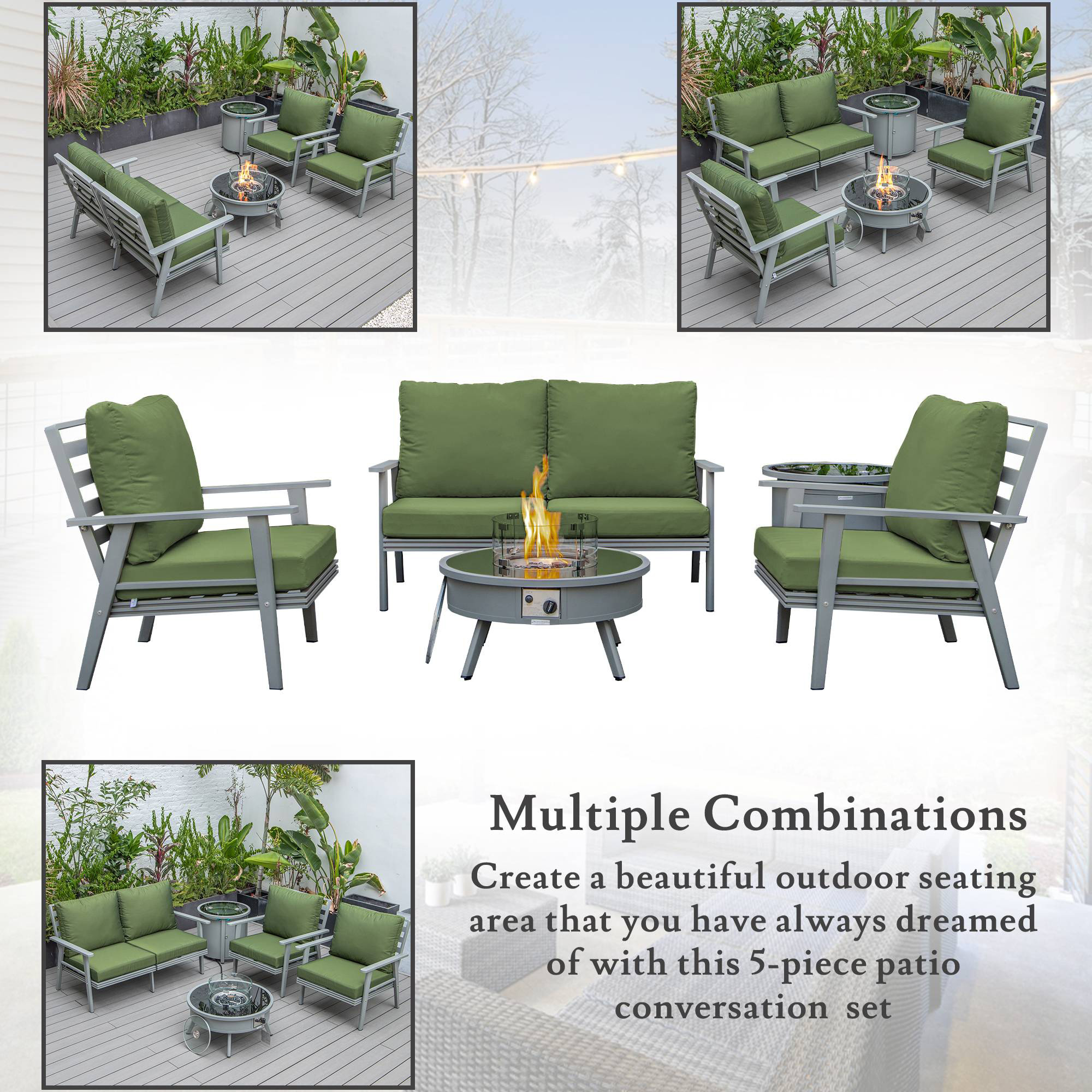 LeisureMod™ Walbrooke Modern Gray Patio Conversation With Round Fire Pit & Tank Holder - Green