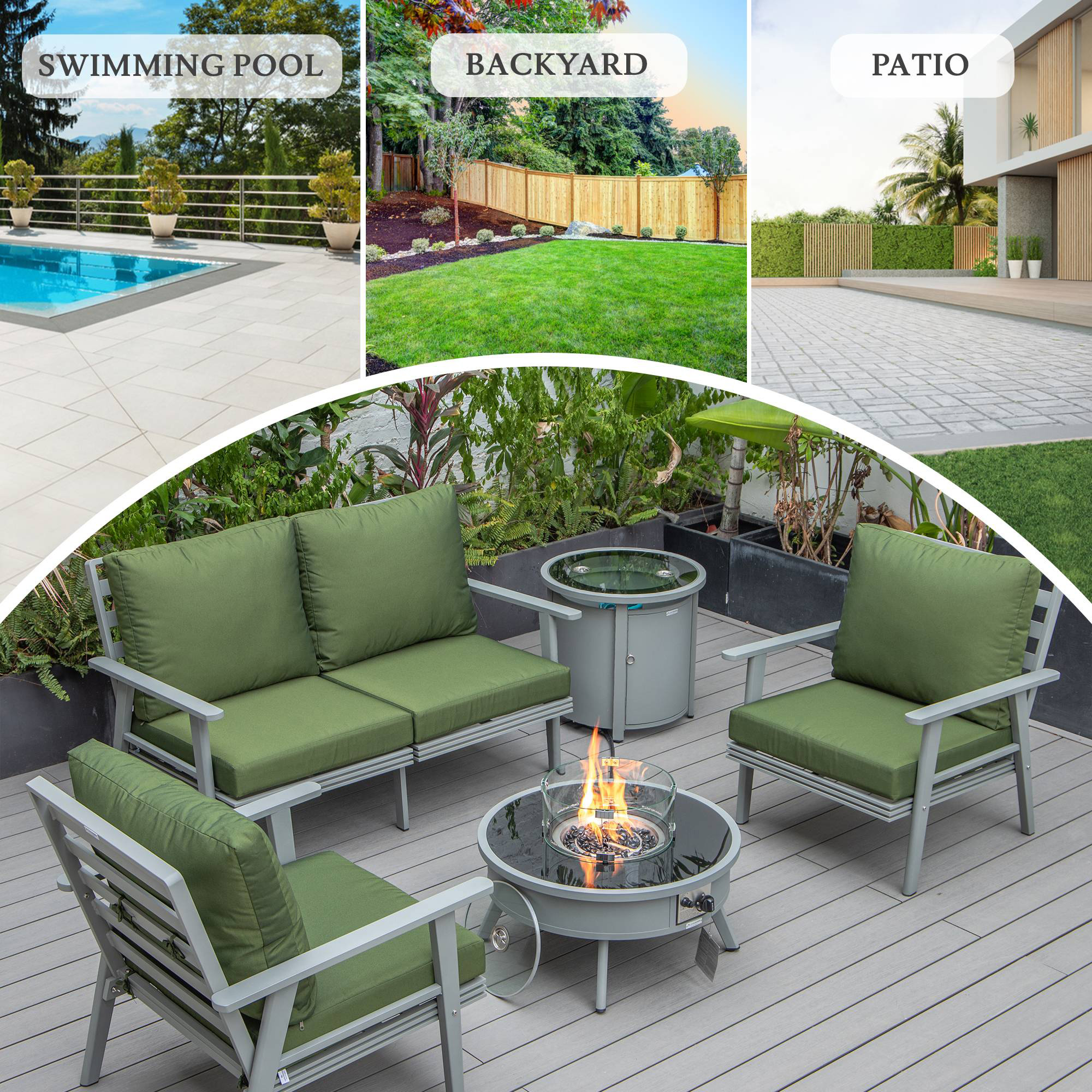 LeisureMod™ Walbrooke Modern Gray Patio Conversation With Round Fire Pit & Tank Holder - Green