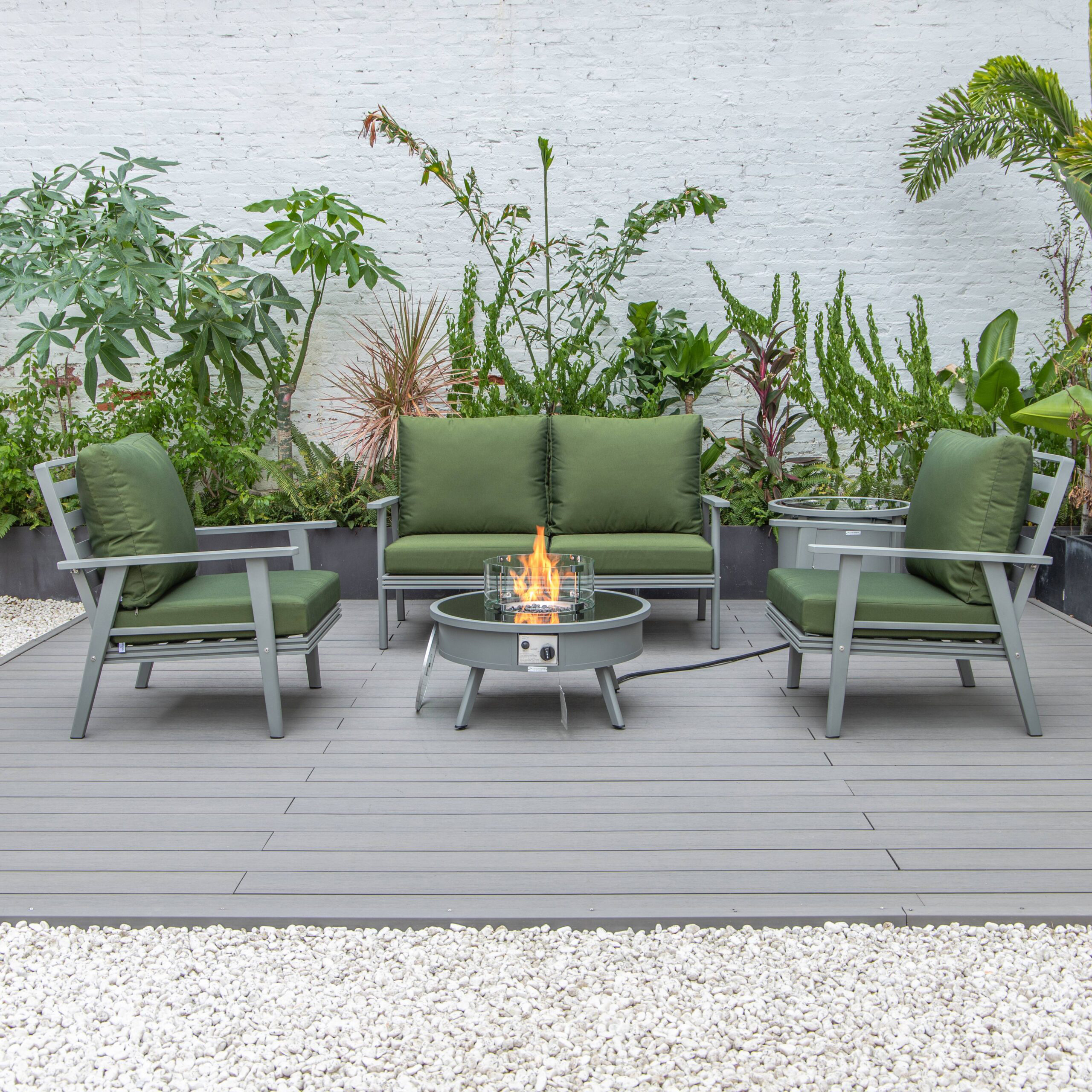 LeisureMod™ Walbrooke Modern Gray Patio Conversation With Round Fire Pit & Tank Holder - Green