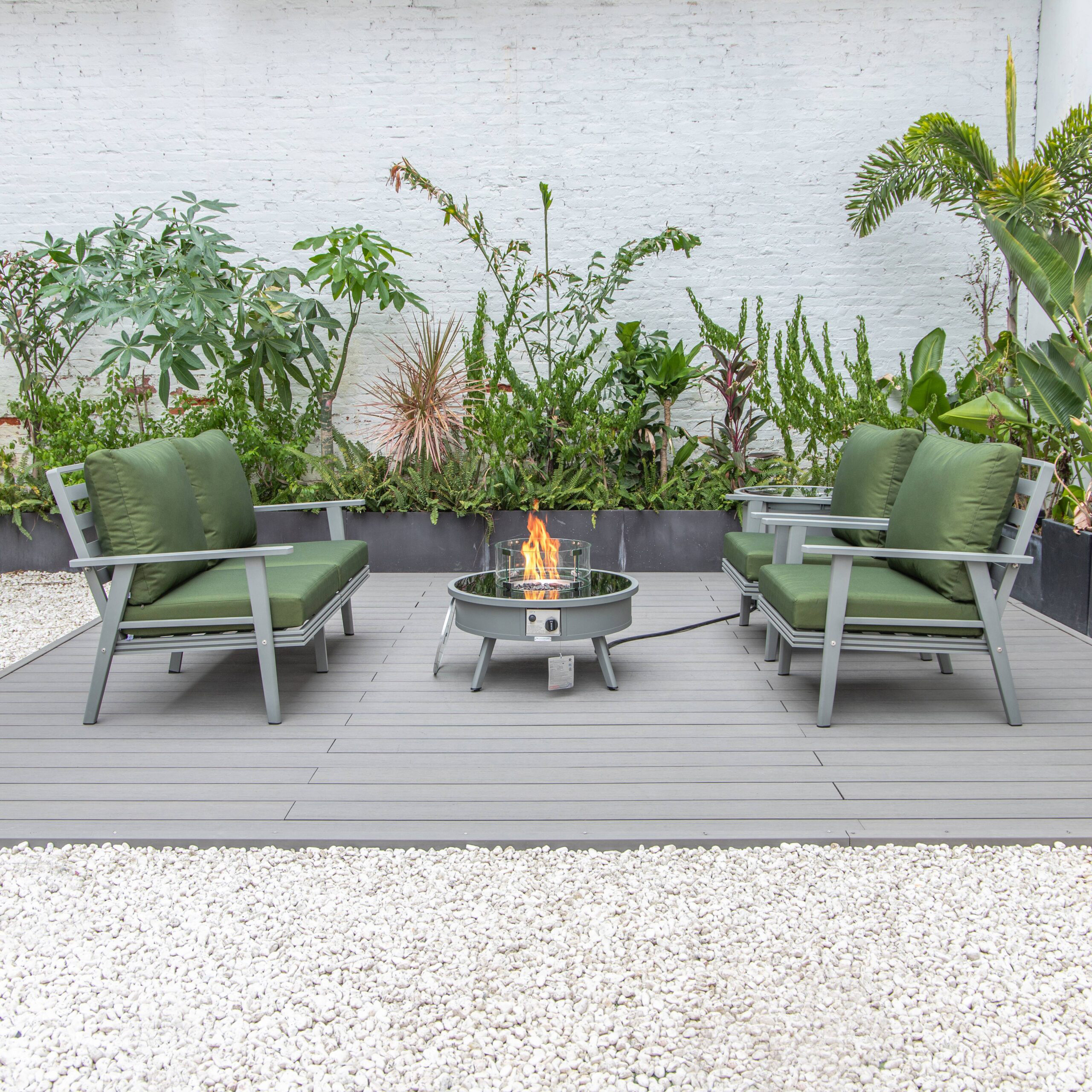 LeisureMod™ Walbrooke Modern Gray Patio Conversation With Round Fire Pit & Tank Holder - Green