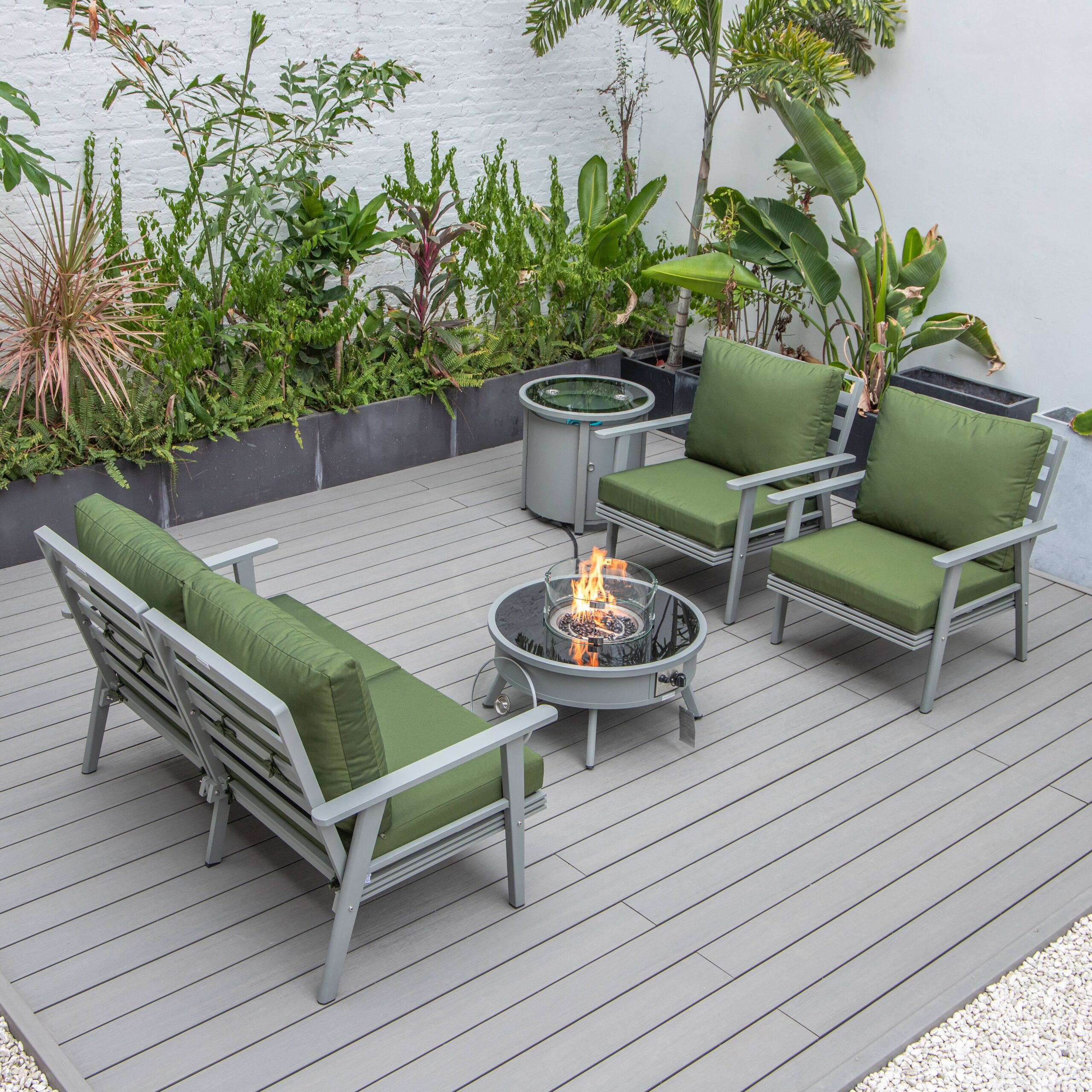 LeisureMod™ Walbrooke Modern Gray Patio Conversation With Round Fire Pit & Tank Holder - Green