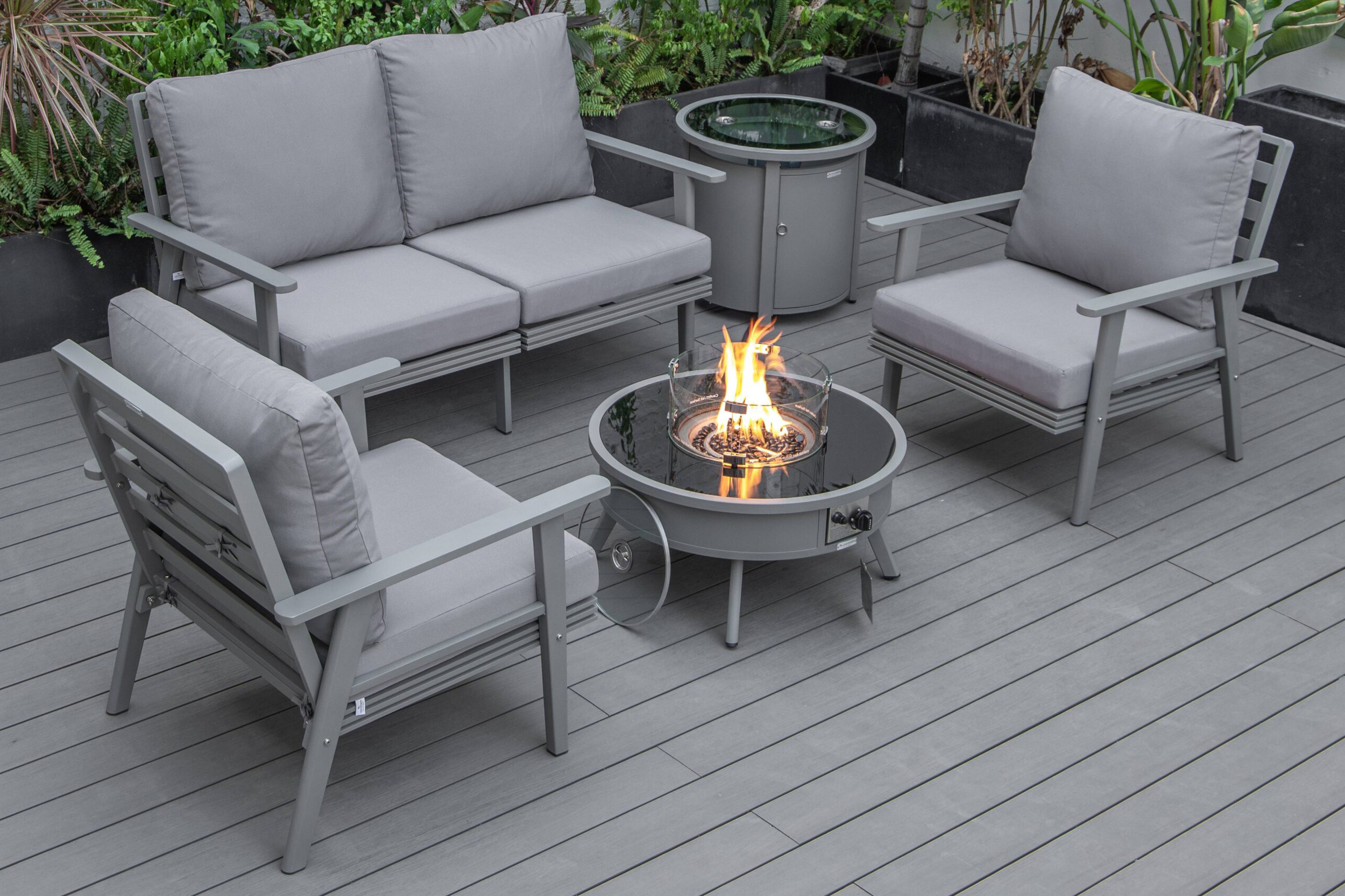 LeisureMod Walbrooke Modern Black Patio Conversation With Round Fire Pit & Tank Holder