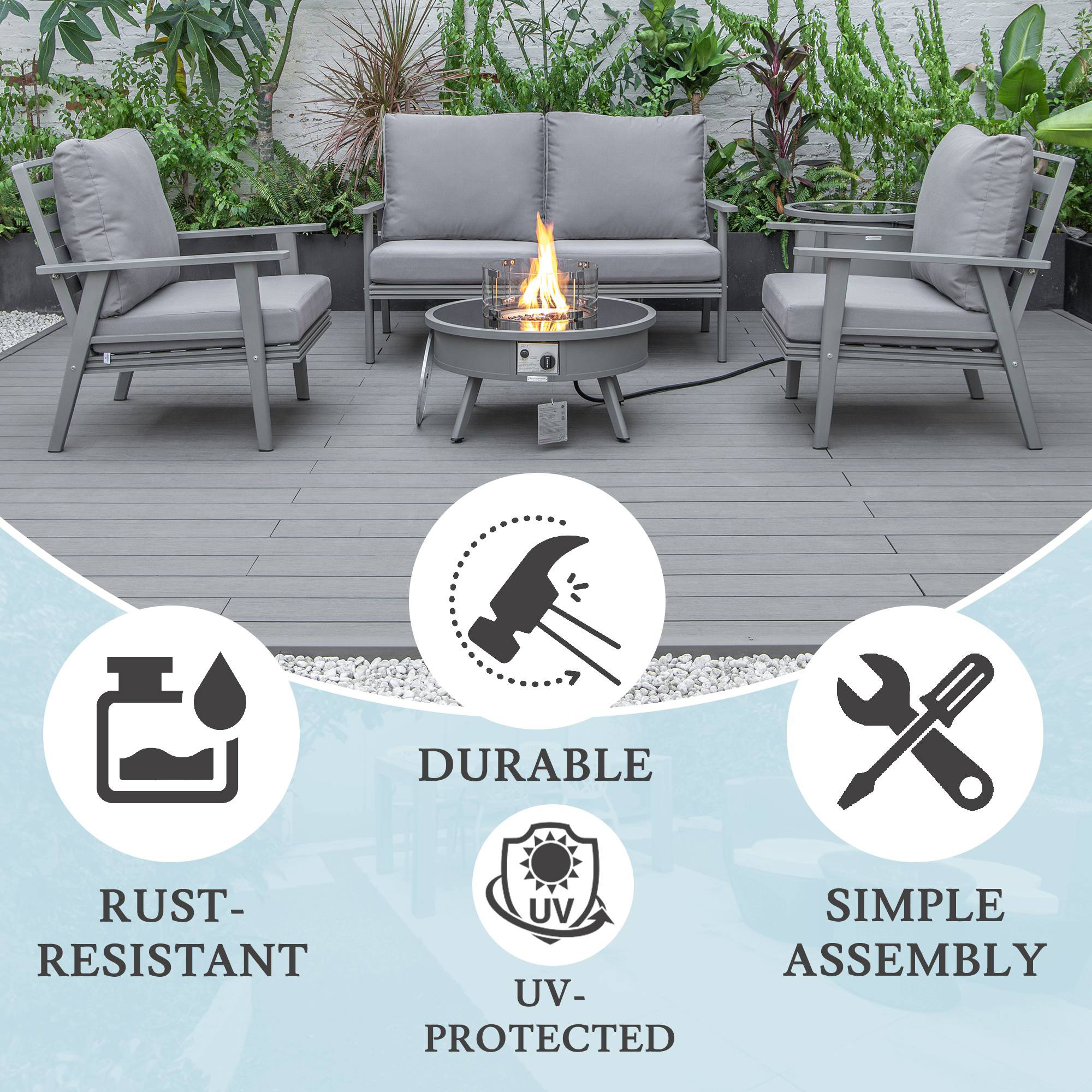 LeisureMod™ Walbrooke Modern Gray Patio Conversation With Round Fire Pit & Tank Holder - Gray