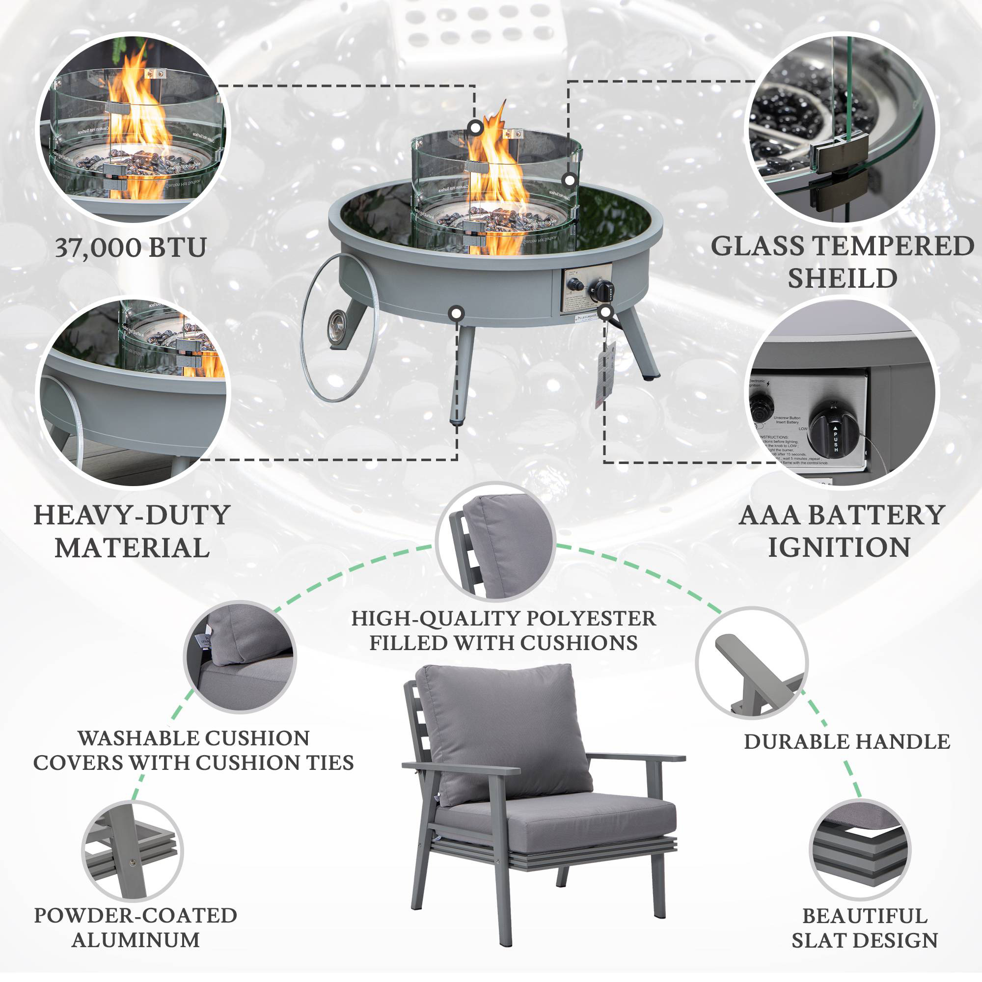 LeisureMod™ Walbrooke Modern Gray Patio Conversation With Round Fire Pit & Tank Holder - Gray