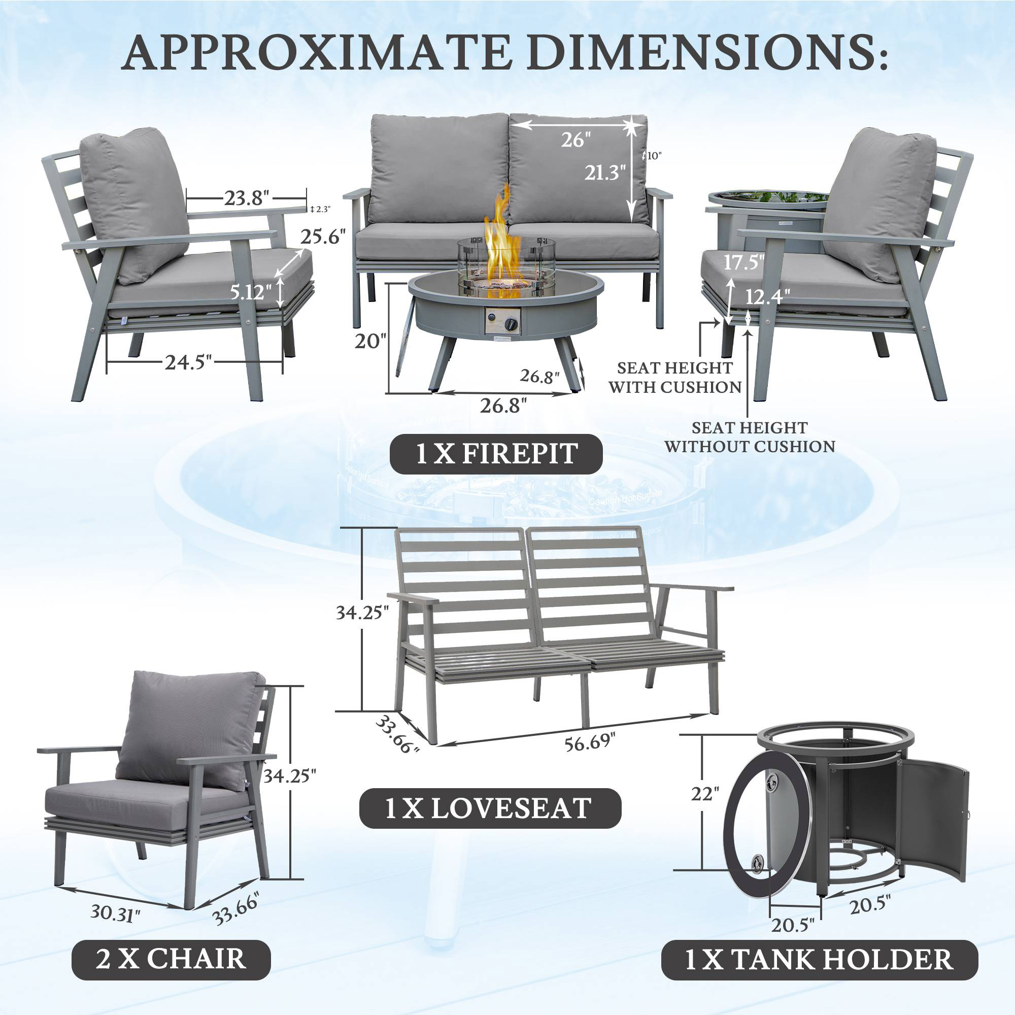 LeisureMod™ Walbrooke Modern Gray Patio Conversation With Round Fire Pit & Tank Holder - Gray