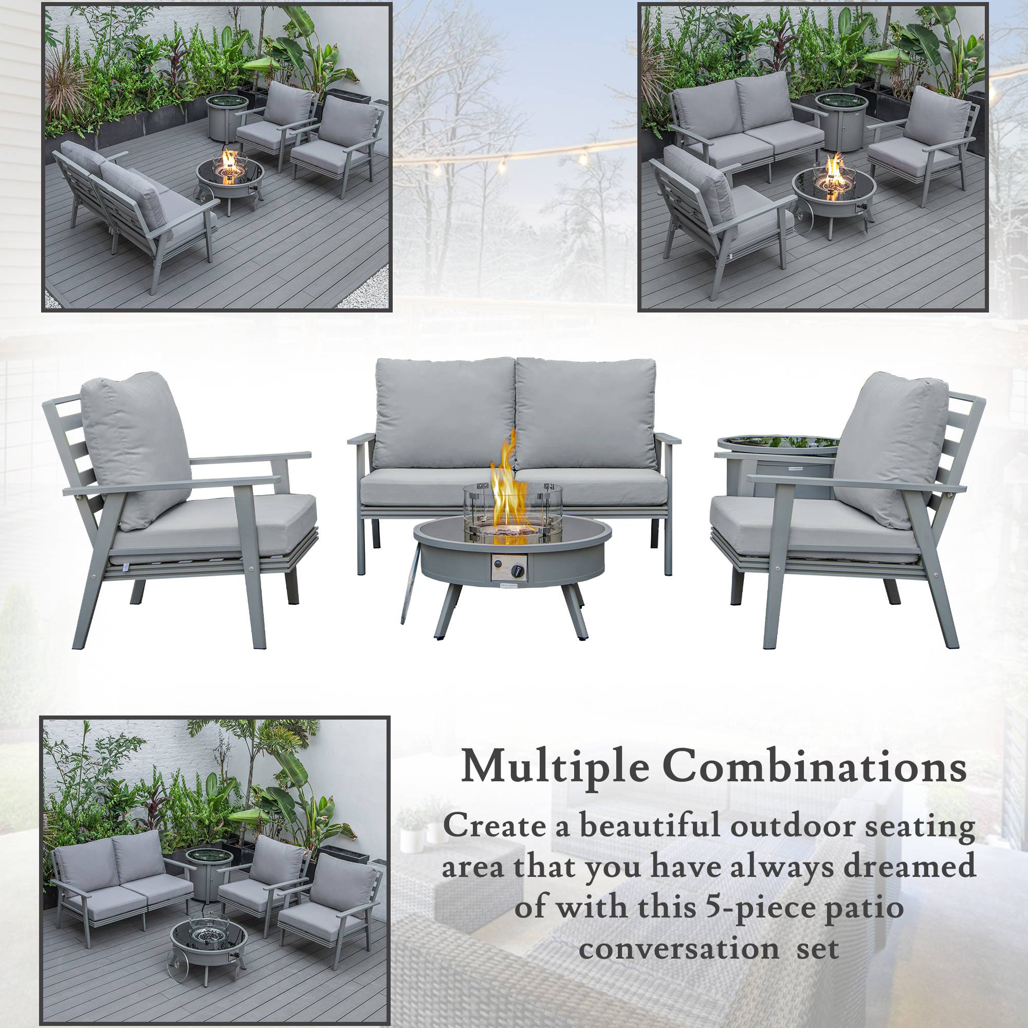 LeisureMod™ Walbrooke Modern Gray Patio Conversation With Round Fire Pit & Tank Holder - Gray