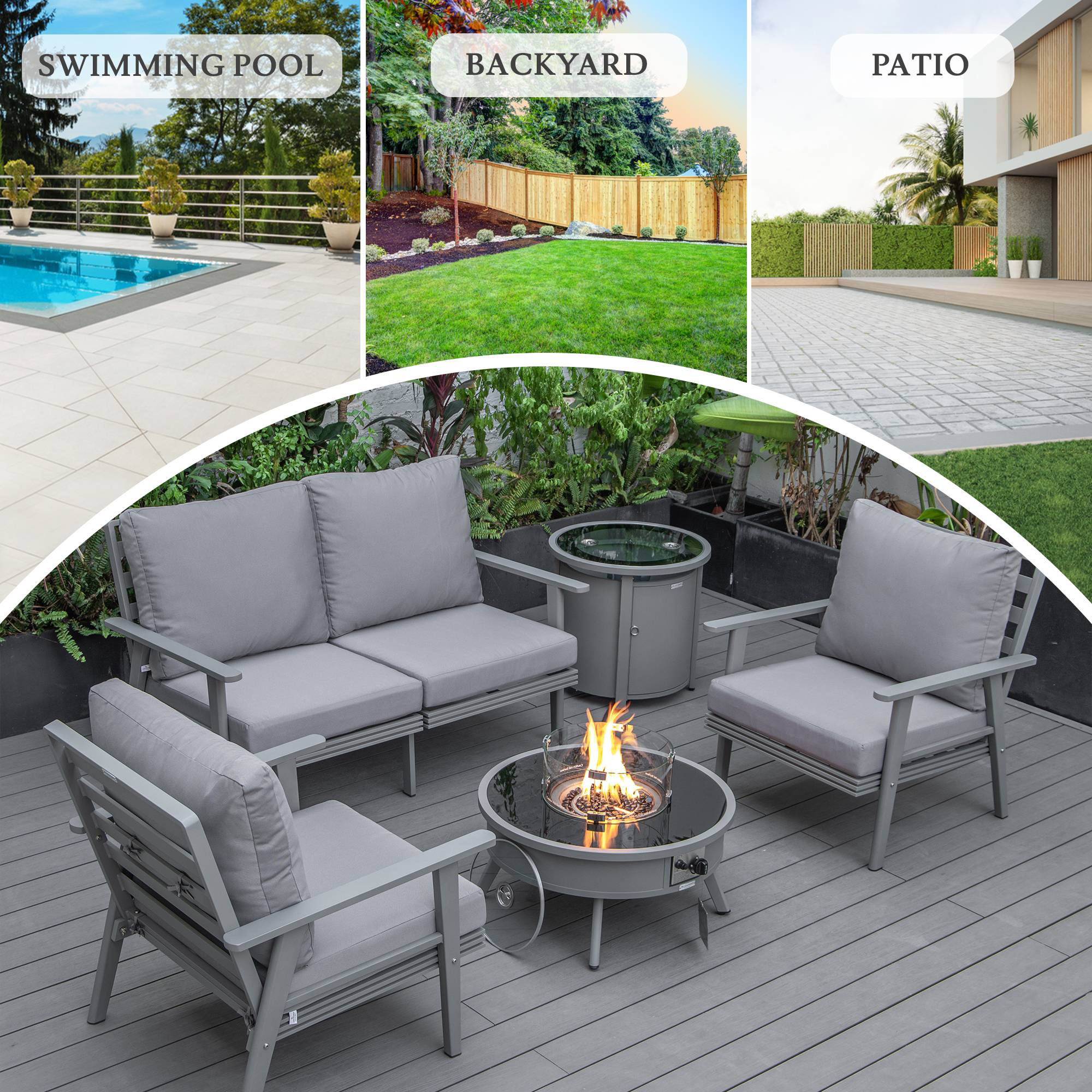 LeisureMod™ Walbrooke Modern Gray Patio Conversation With Round Fire Pit & Tank Holder - Gray