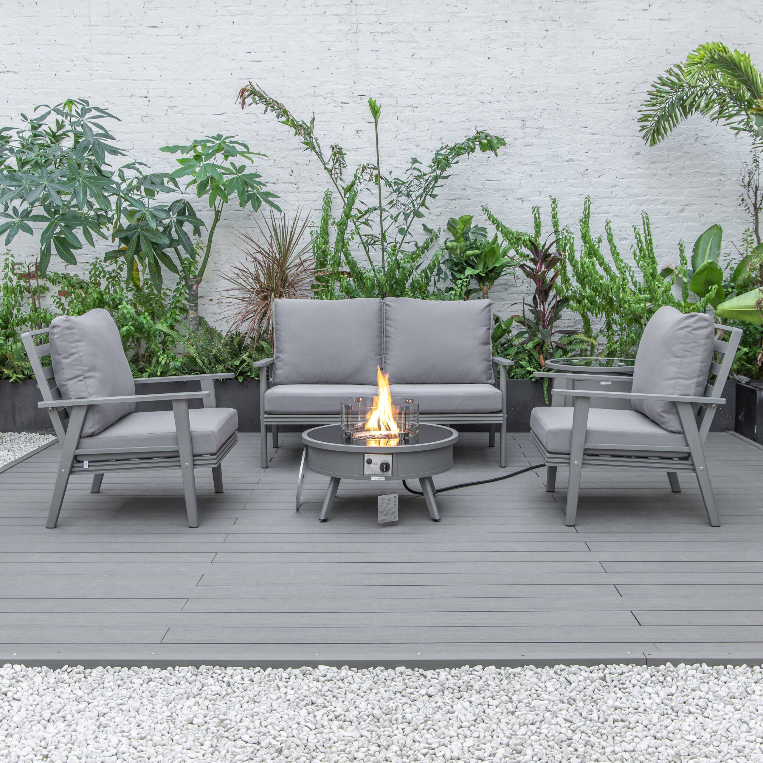 LeisureMod™ Walbrooke Modern Gray Patio Conversation With Round Fire Pit & Tank Holder - Gray