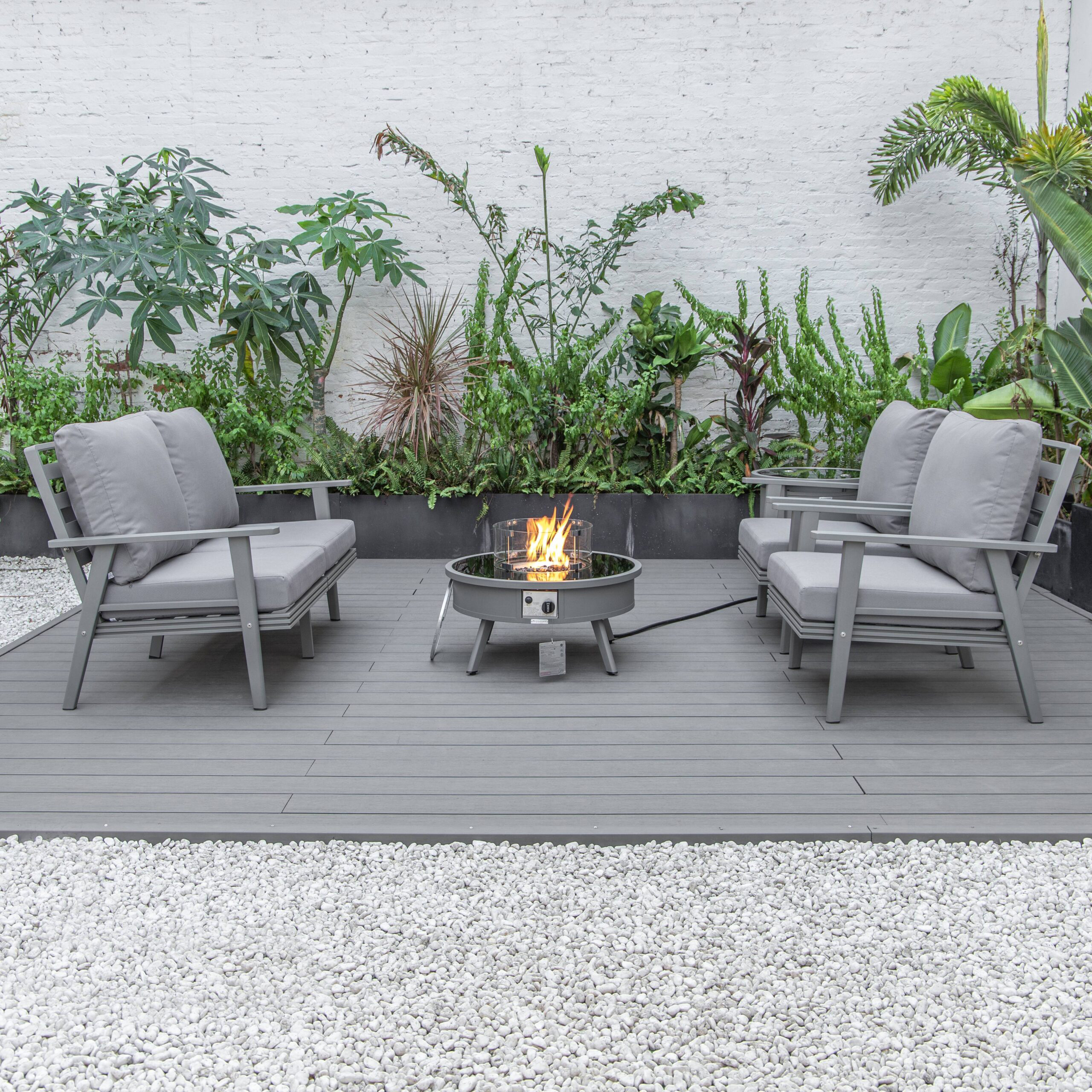 LeisureMod™ Walbrooke Modern Gray Patio Conversation With Round Fire Pit & Tank Holder - Gray