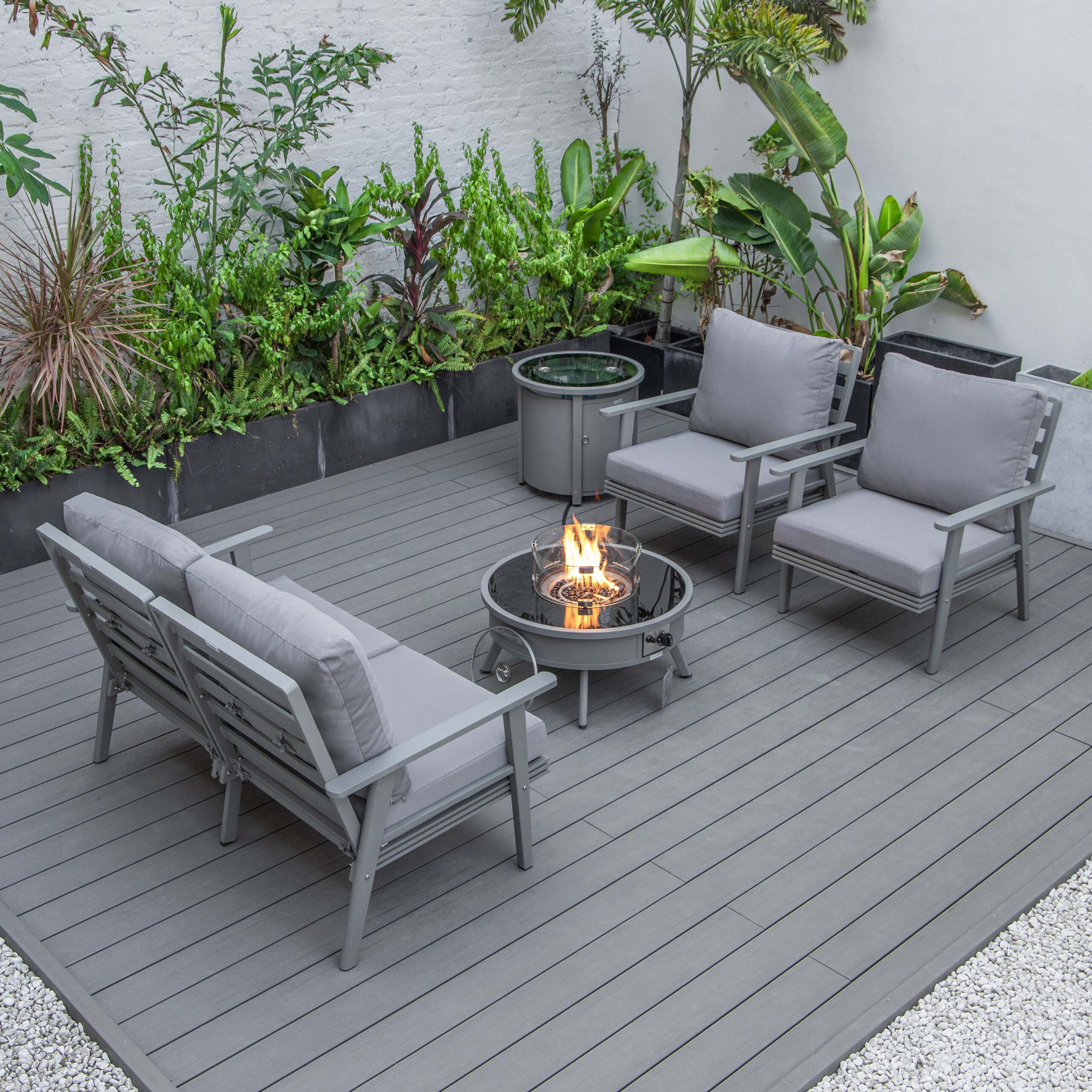 LeisureMod™ Walbrooke Modern Gray Patio Conversation With Round Fire Pit & Tank Holder - Gray